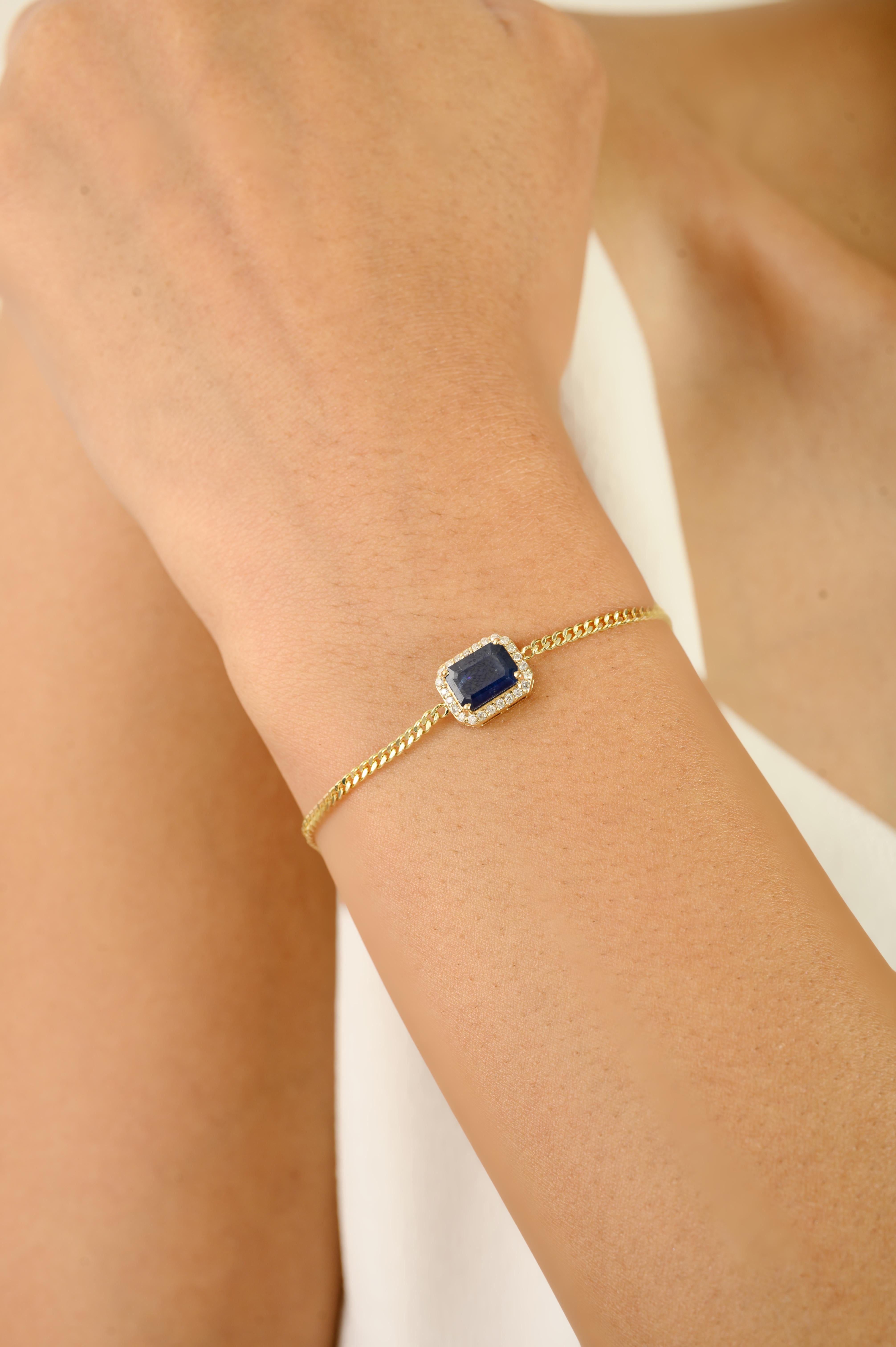 Octagon Cut Handcrafted Blue Sapphire & Diamond Halo Chain Bracelet in 14K Yellow Gold For Sale