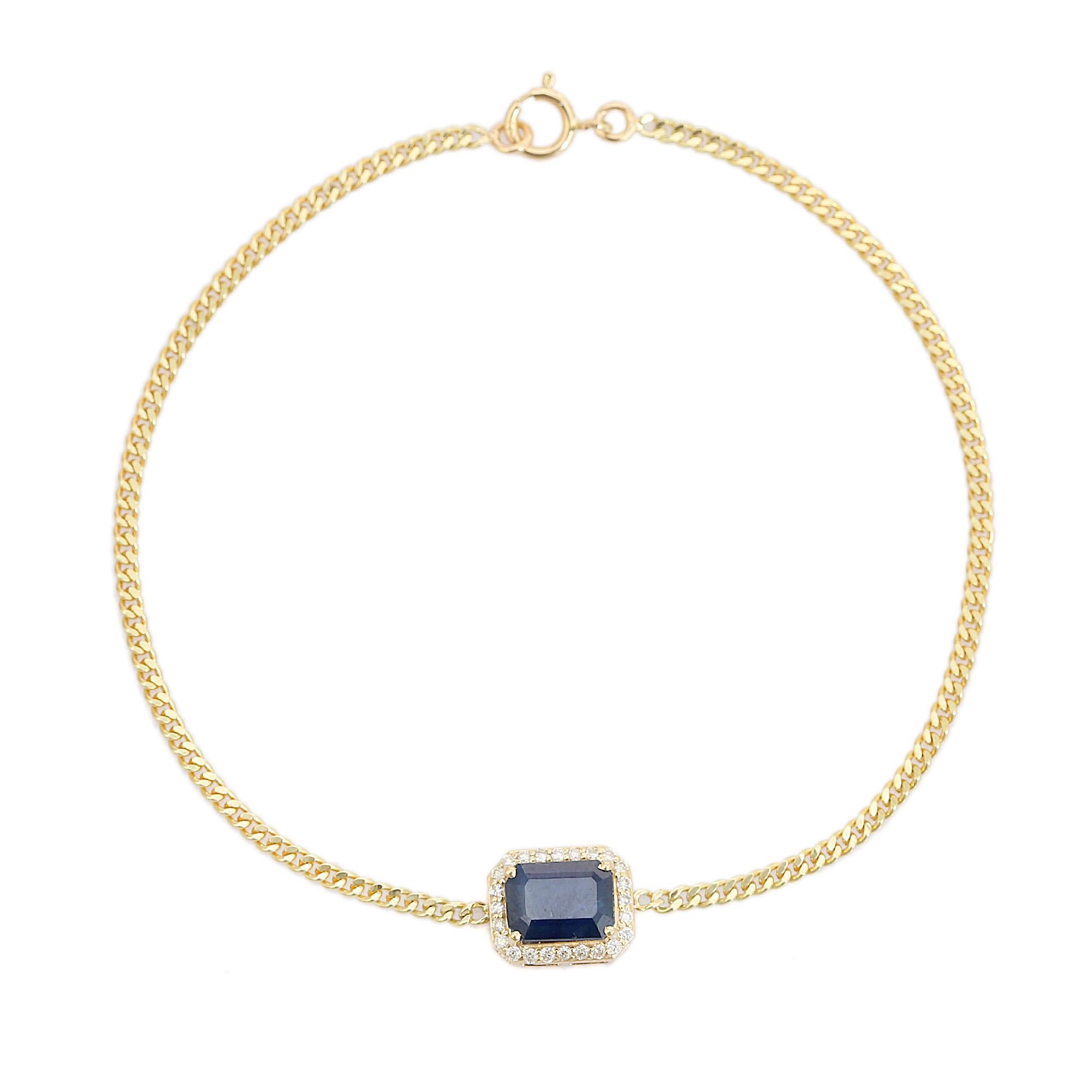 Handcrafted Blue Sapphire & Diamond Halo Chain Bracelet in 14K Yellow Gold In New Condition For Sale In New York, NY