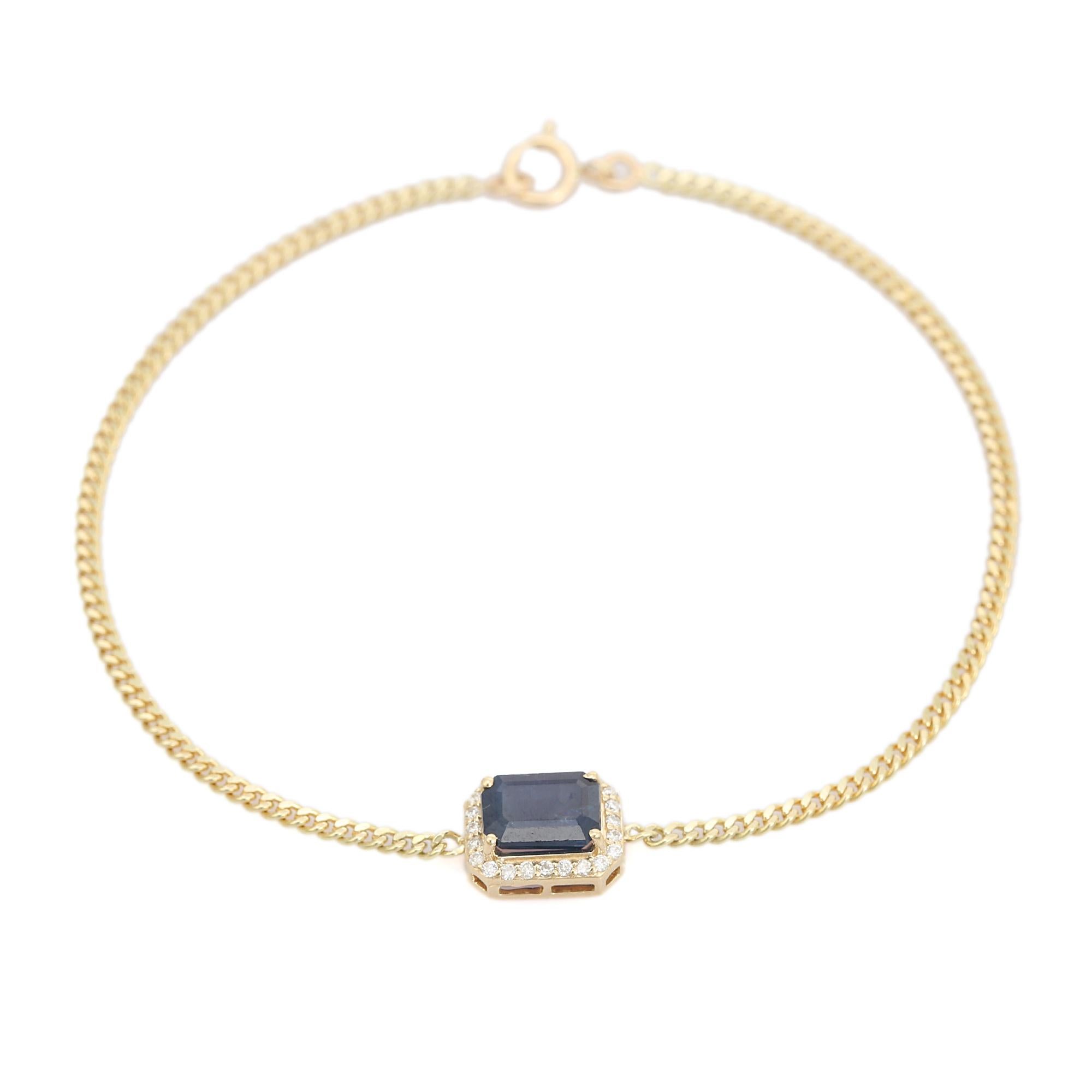 Handcrafted Blue Sapphire & Diamond Halo Chain Bracelet in 14K Yellow Gold For Sale 1