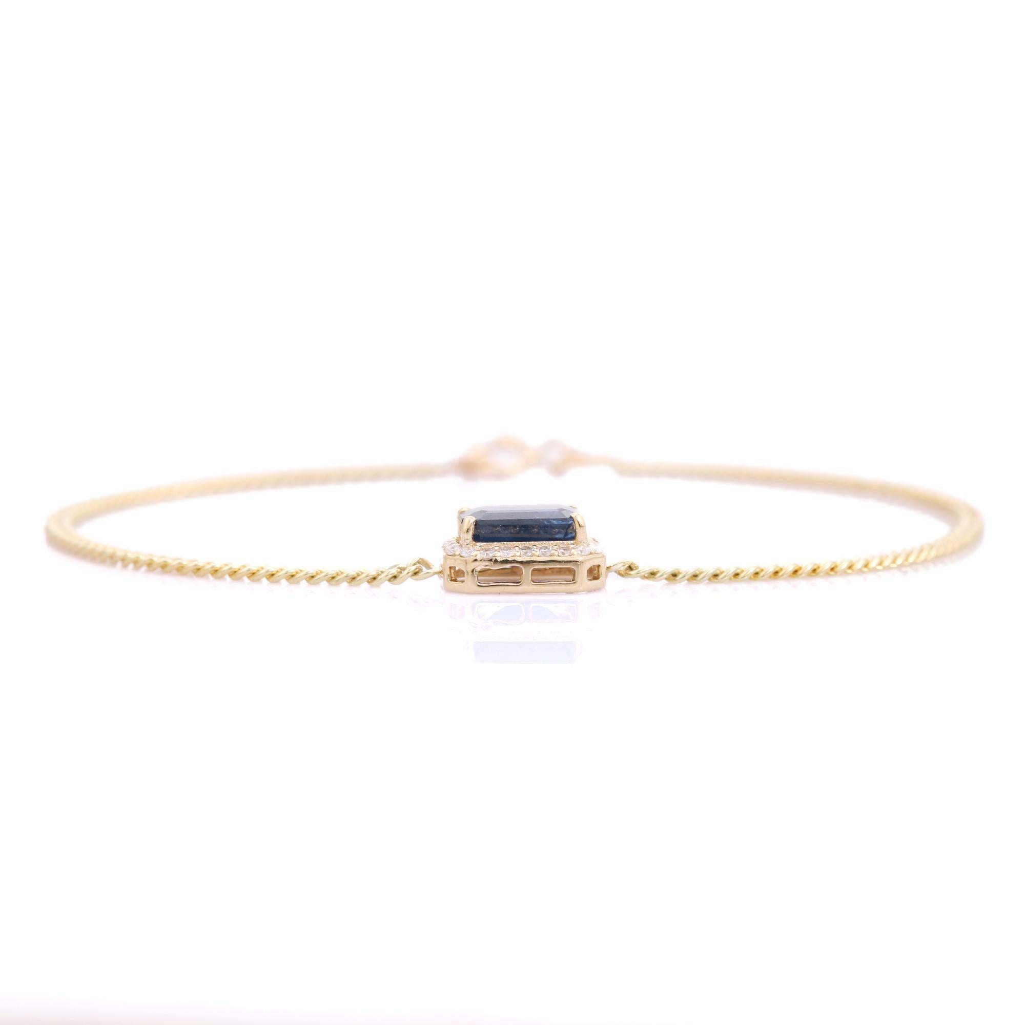 Handcrafted Blue Sapphire & Diamond Halo Chain Bracelet in 14K Yellow Gold For Sale 3