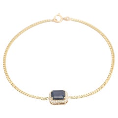Handcrafted Blue Sapphire & Diamond Halo Chain Bracelet in 14K Yellow Gold