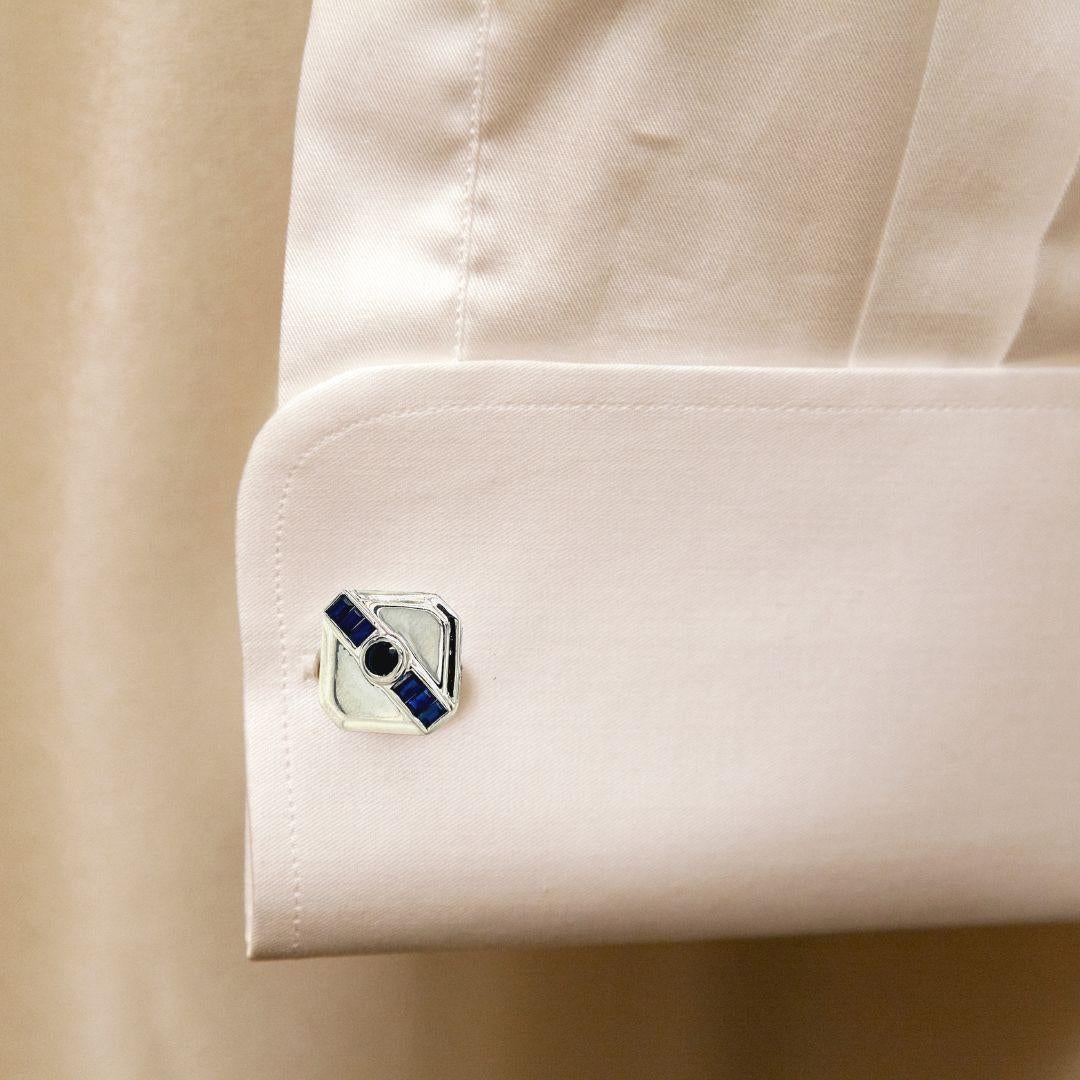 These Handcrafted Blue Sapphire Square Cufflinks in 925 Sterling Silver are elegant accessories crafted with precious blue sapphire gemstone which helps relieve stress, anxiety and depression.
These are used for securing shirt cuffs and makes a bold