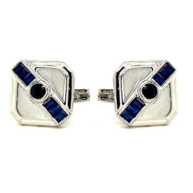 Art Deco Handcrafted Blue Sapphire Square Cufflinks in Sterling Silver Gifts for Him
