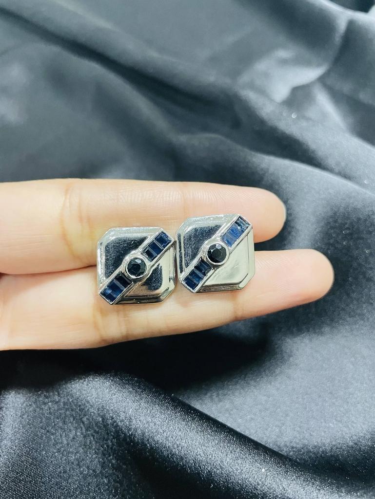 Mixed Cut Handcrafted Blue Sapphire Square Cufflinks in Sterling Silver Gifts for Him