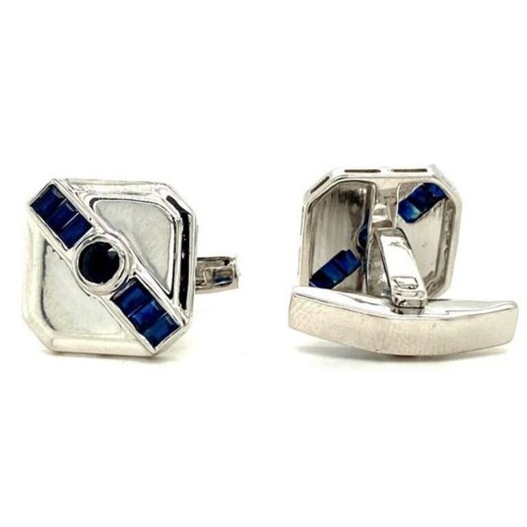 Handcrafted Blue Sapphire Square Cufflinks in Sterling Silver Gifts for Him In New Condition In Houston, TX