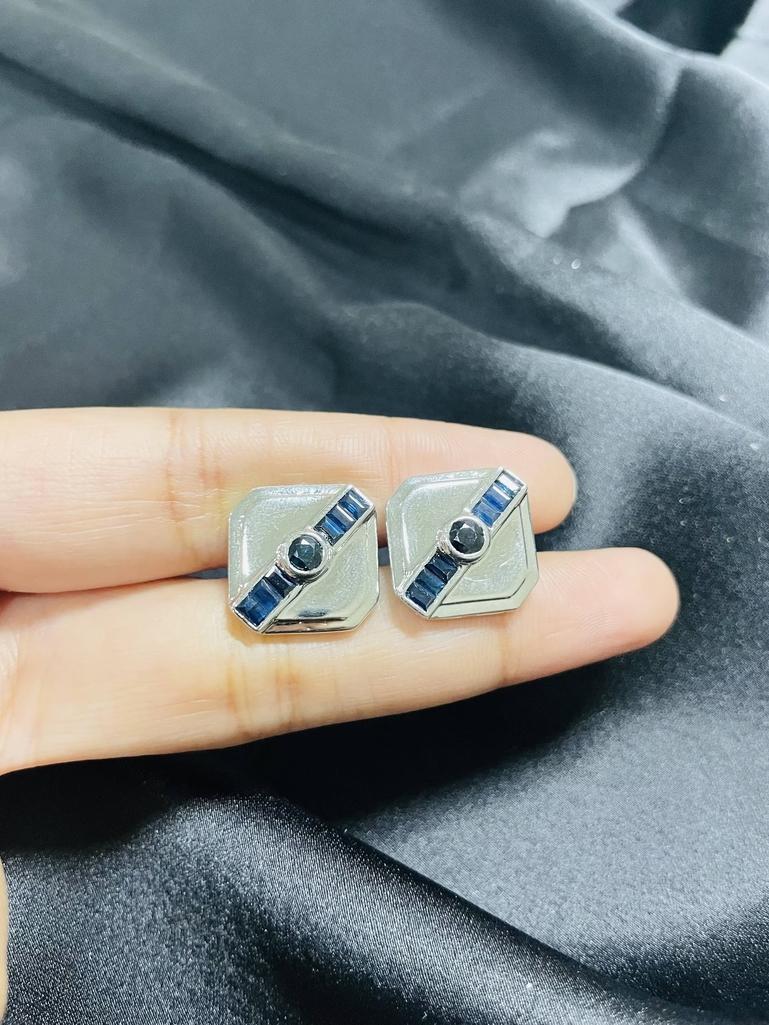 Women's or Men's Handcrafted Blue Sapphire Square Cufflinks in Sterling Silver Gifts for Him
