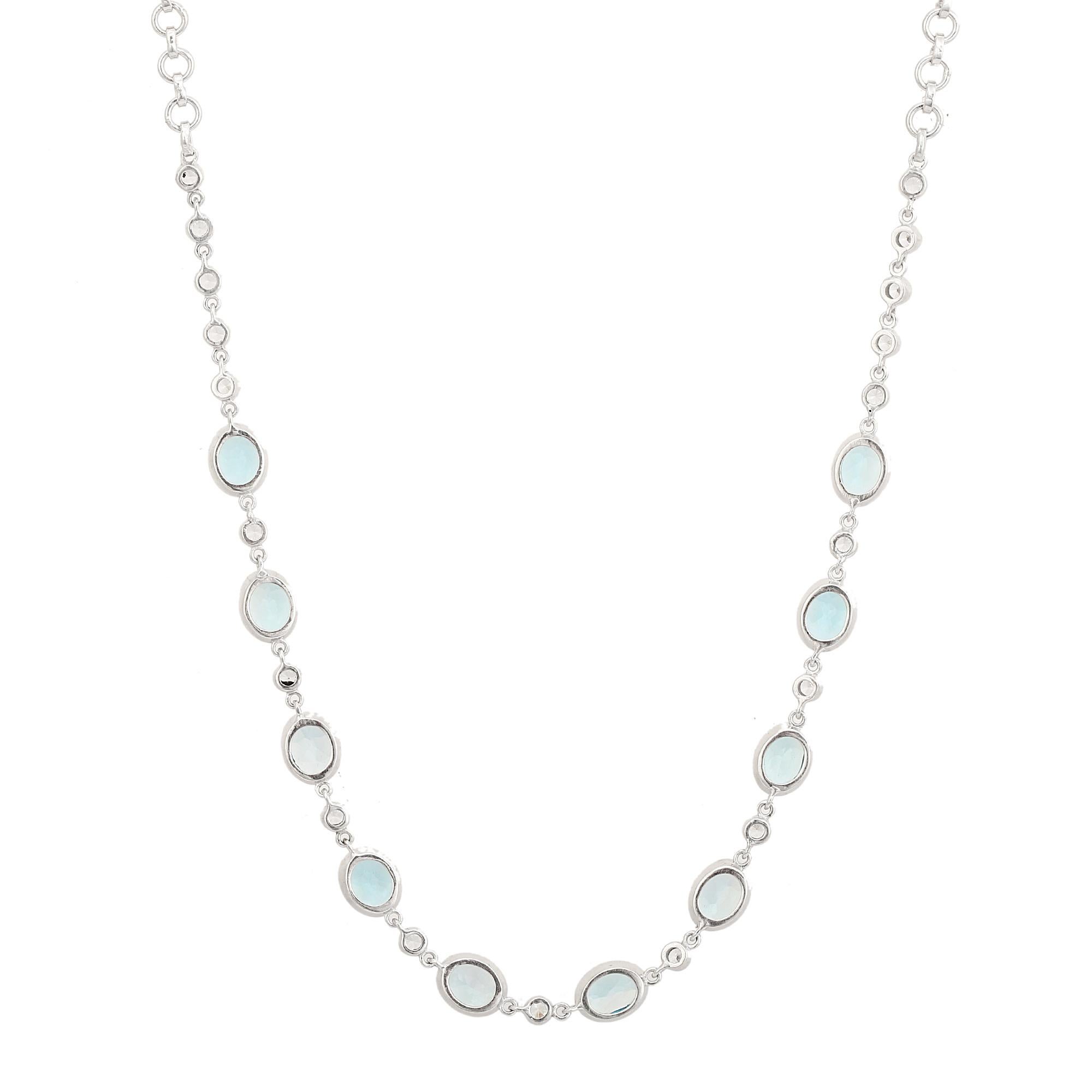 Art Nouveau Handcrafted Blue Topaz and Zircon Station Necklace for Women in 925 Silver For Sale