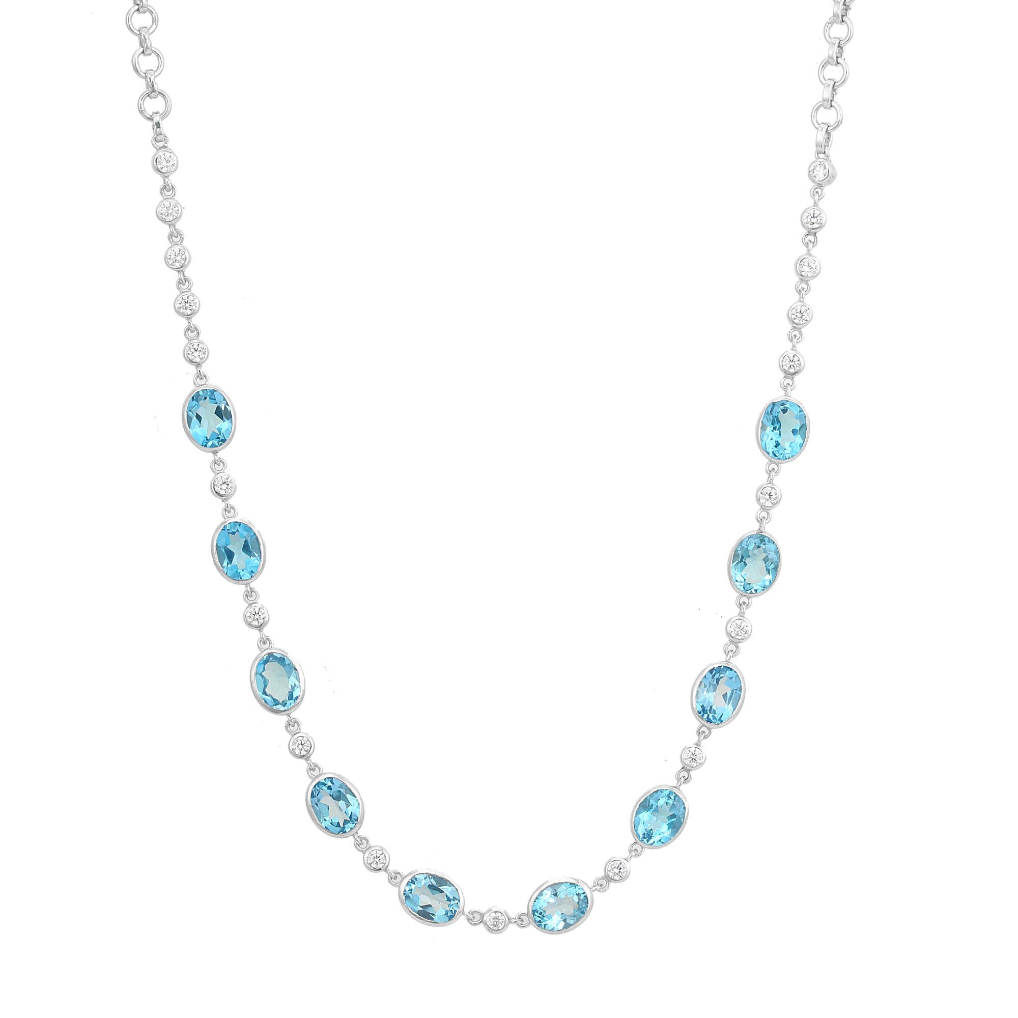 Handcrafted Blue Topaz and Zircon Station Necklace for Women in 925 Silver In New Condition For Sale In New York, NY