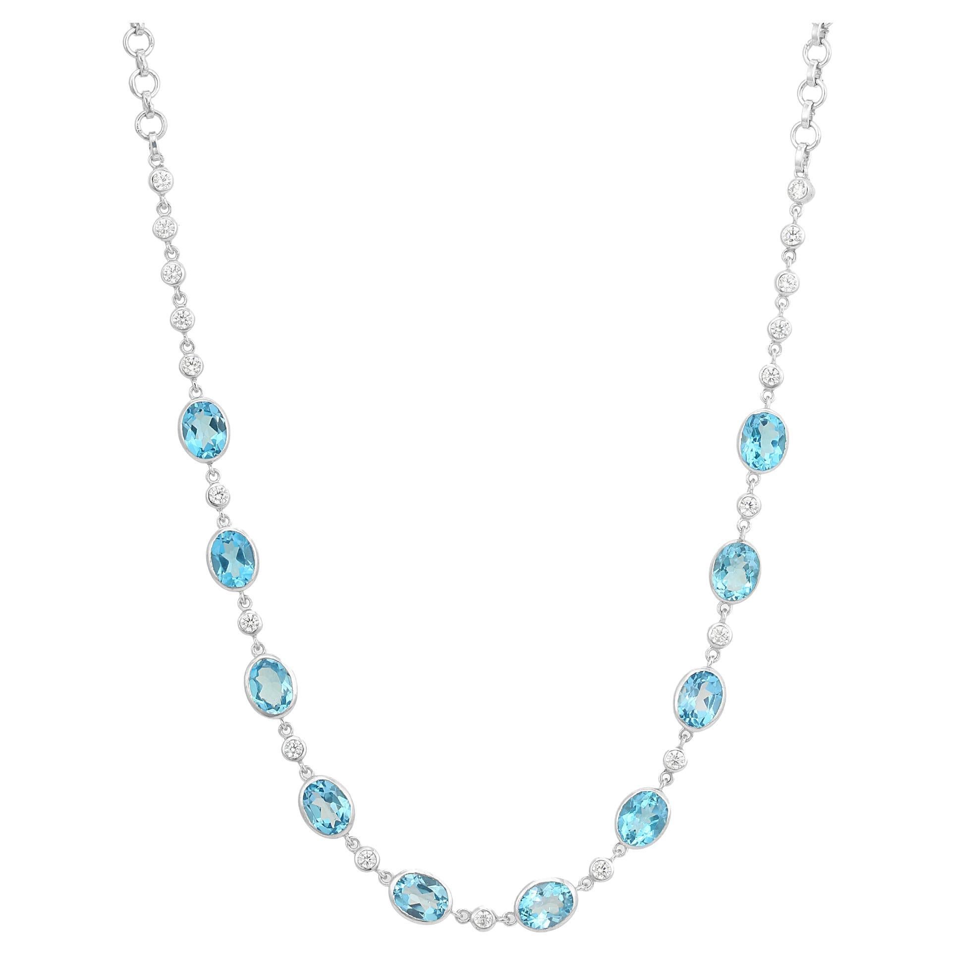 Handcrafted Blue Topaz and Zircon Station Necklace for Women in 925 Silver For Sale