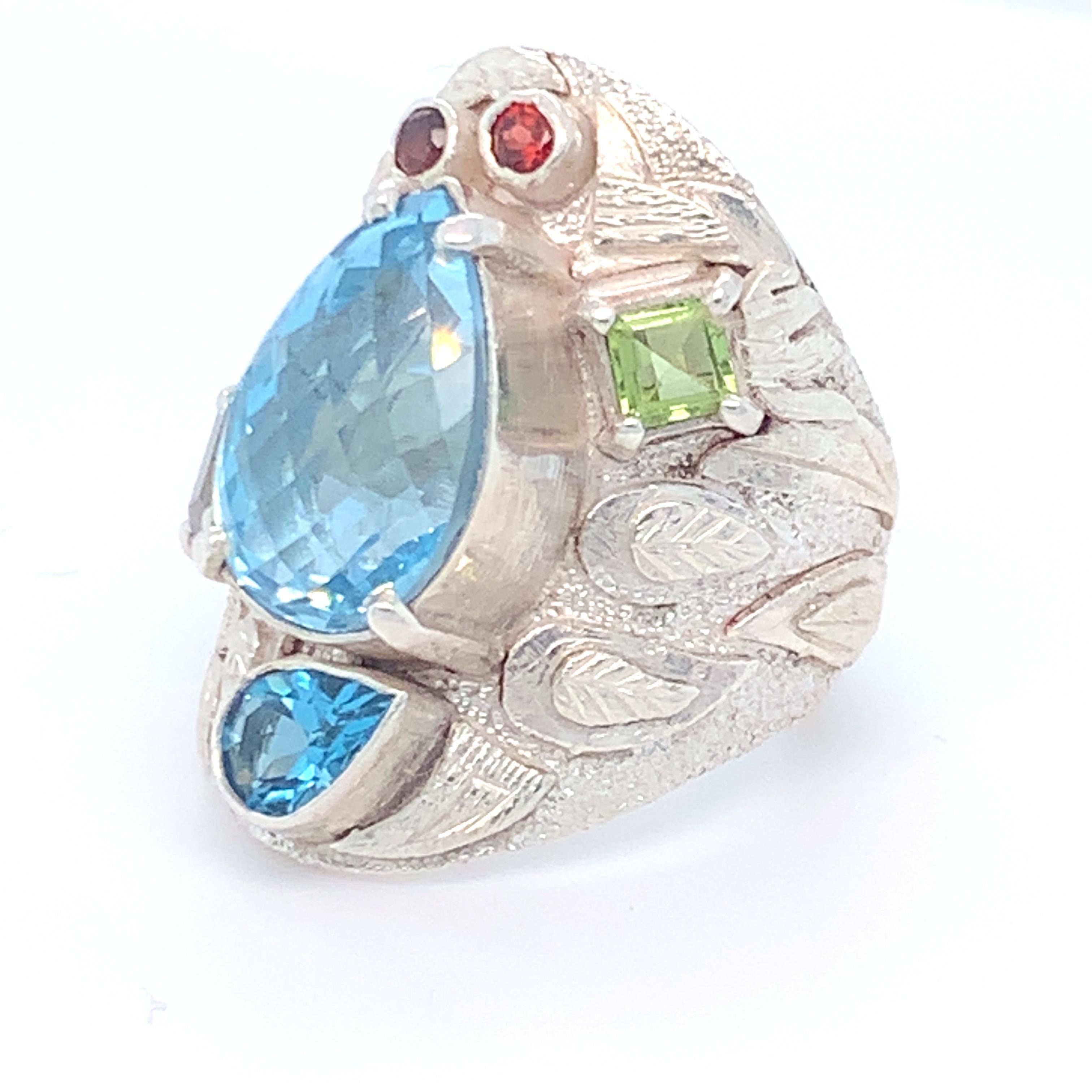 Handcrafted Blue Topaz One of a Kind Sterling Silver Cocktail Ring For Sale 2