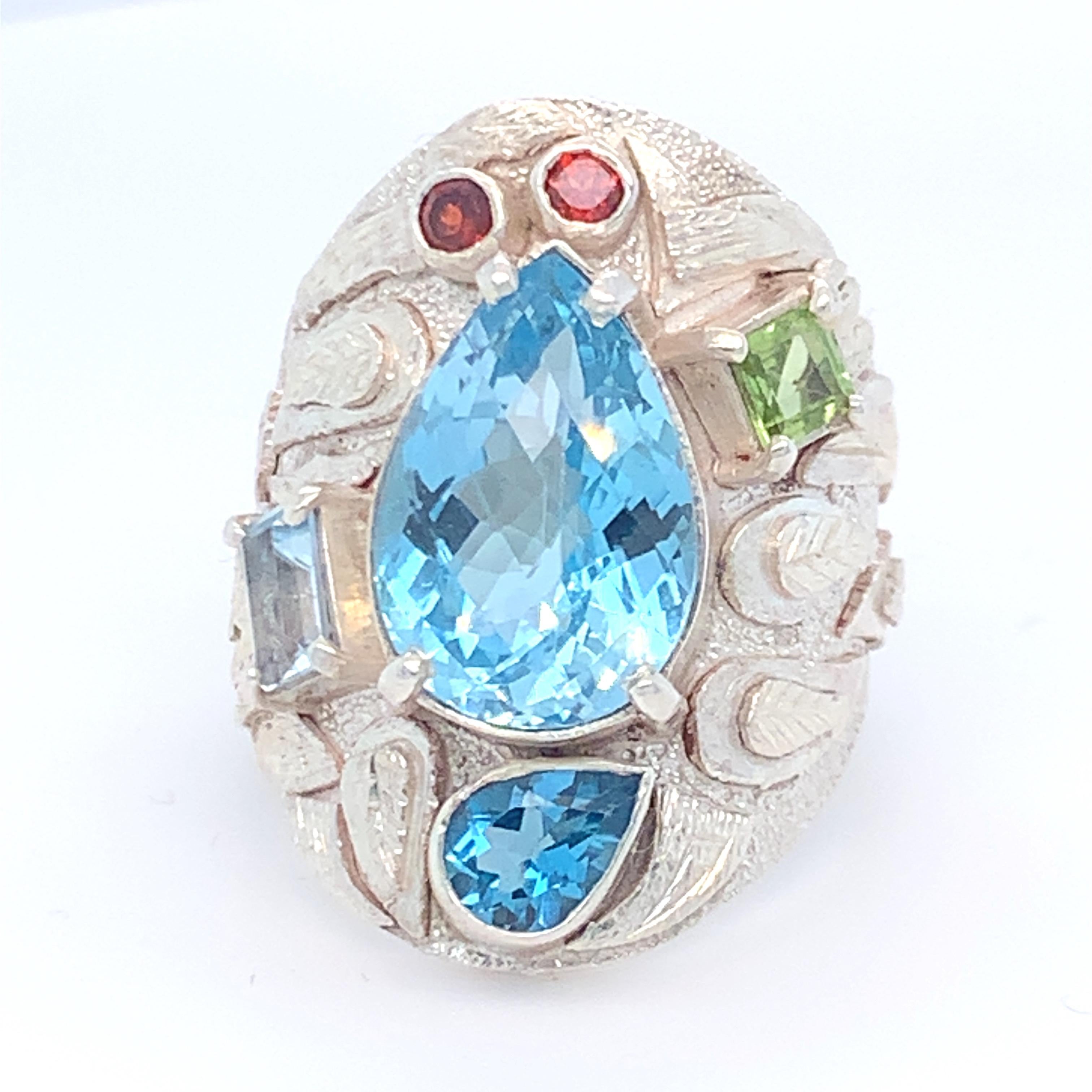 Handcrafted Blue Topaz One of a Kind Sterling Silver Cocktail Ring For Sale 3