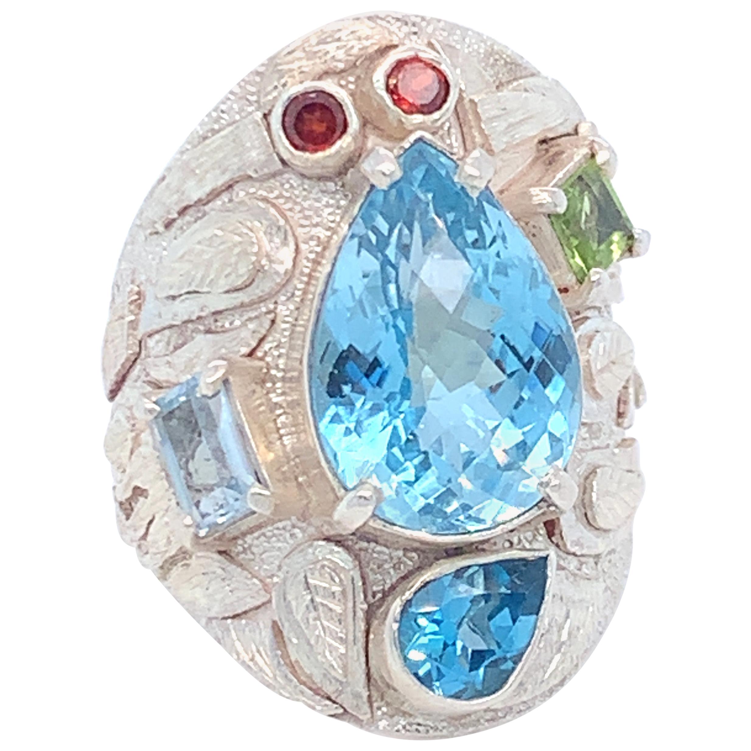 Handcrafted Blue Topaz One of a Kind Sterling Silver Cocktail Ring For Sale