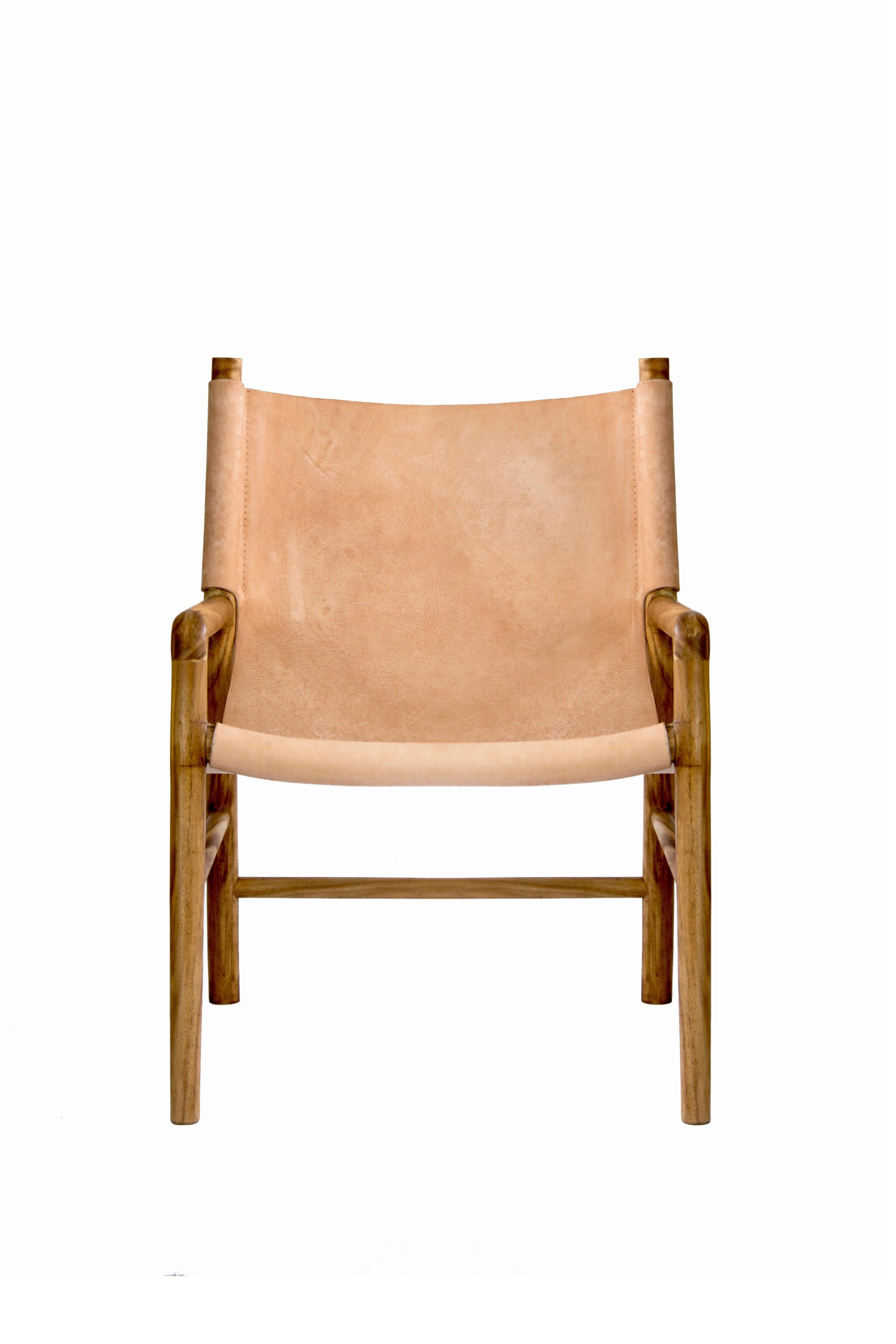 Organic Modern Handcrafted BN01 Side Chair, Tropical Tzalam Wood & Natural Leather For Sale