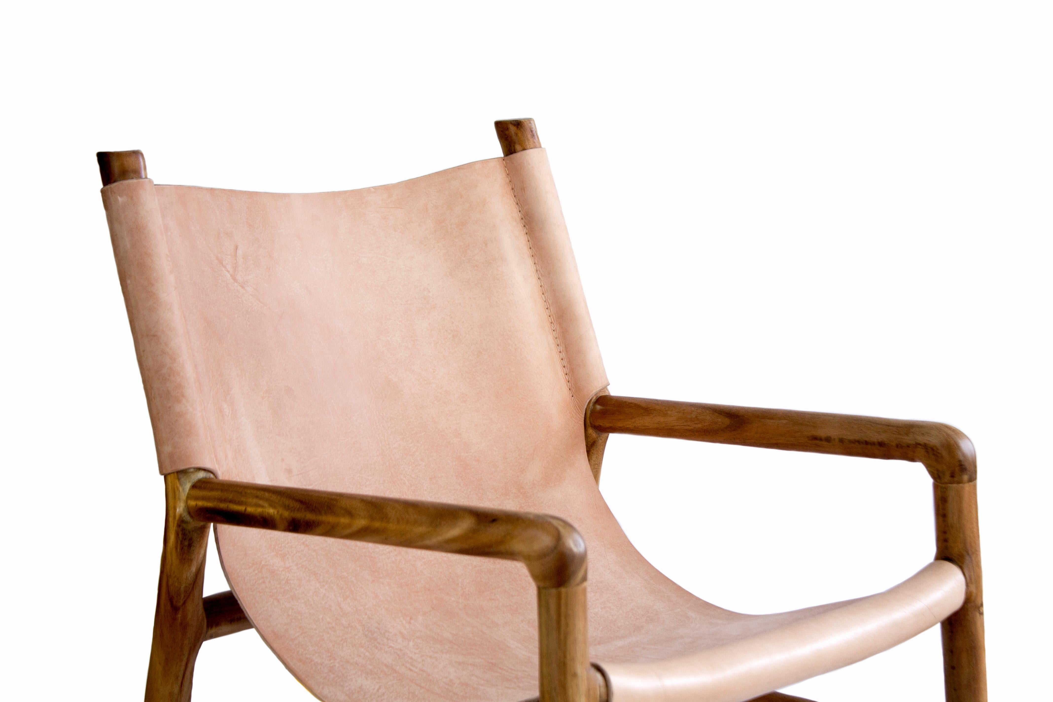 Chaise d'appoint BN01 fabriquée à la main, bois tropical Tzalam et cuir naturel Neuf - En vente à Mexico City, Delegación Cuauhtémoc