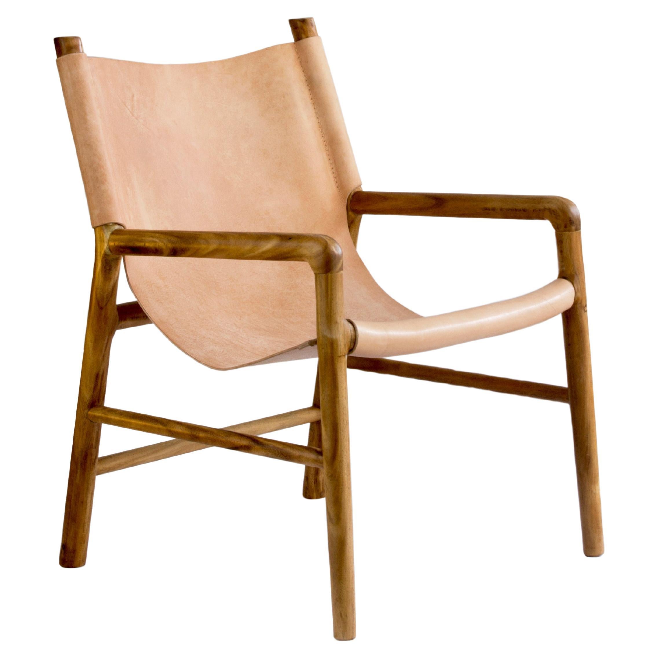 Handcrafted BN01 Side Chair, Tropical Tzalam Wood & Natural Leather For Sale