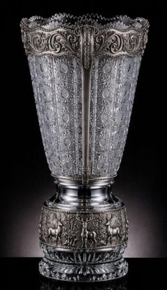 Vase de table en cristal de Bohême et argent sterling 925, orné d'un cerf, fabriqué à la main