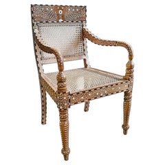 Handcrafted Bone-Inlaid Armchair in Teak & Cane, Anglo-Indian Style
