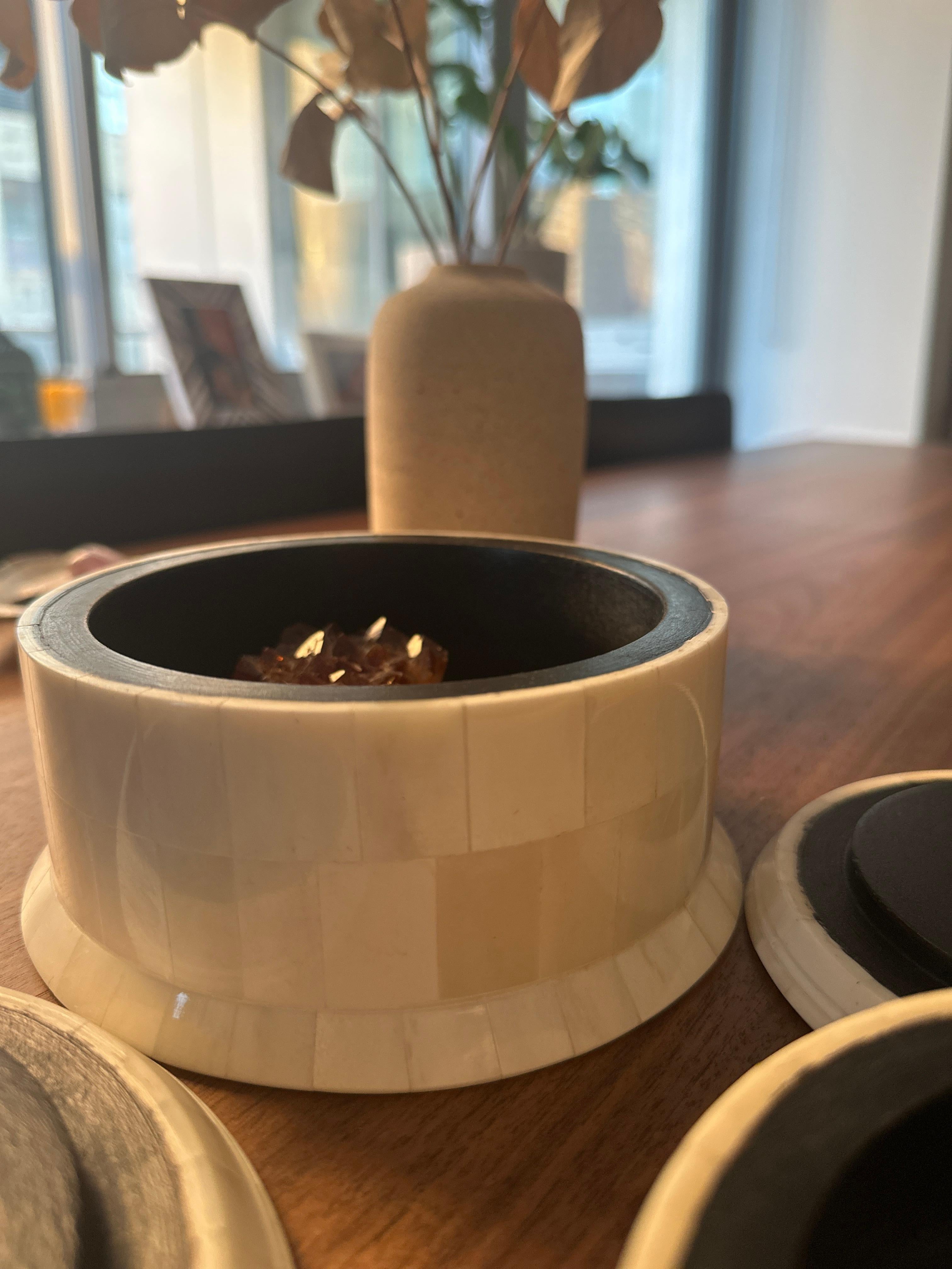 Handcrafted Bone Inlay Hat Box — Stackable Decorative Storage Box In New Condition For Sale In New York City, NY