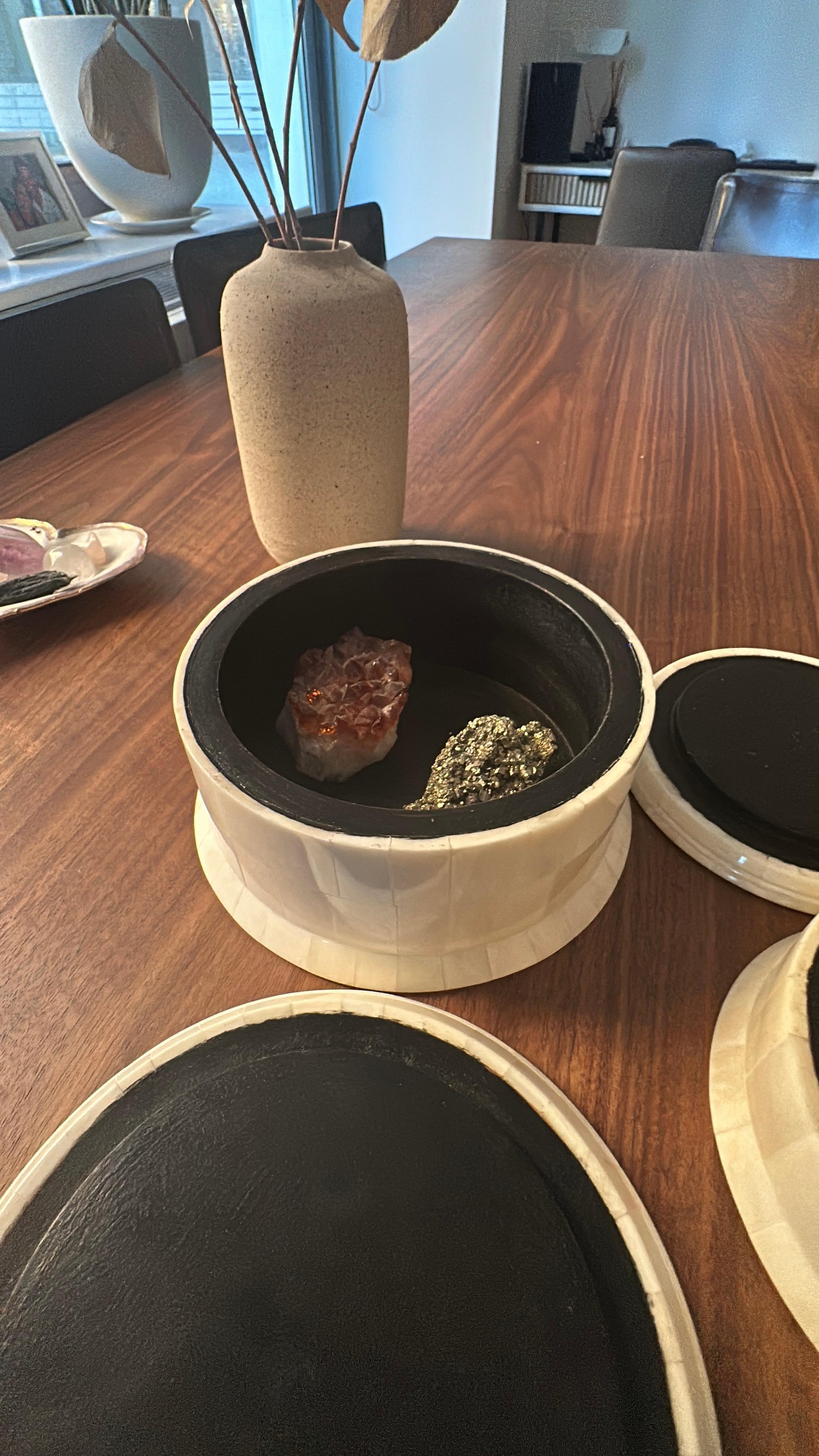 Contemporary Handcrafted Bone Inlay Hat Box — Stackable Decorative Storage Box For Sale