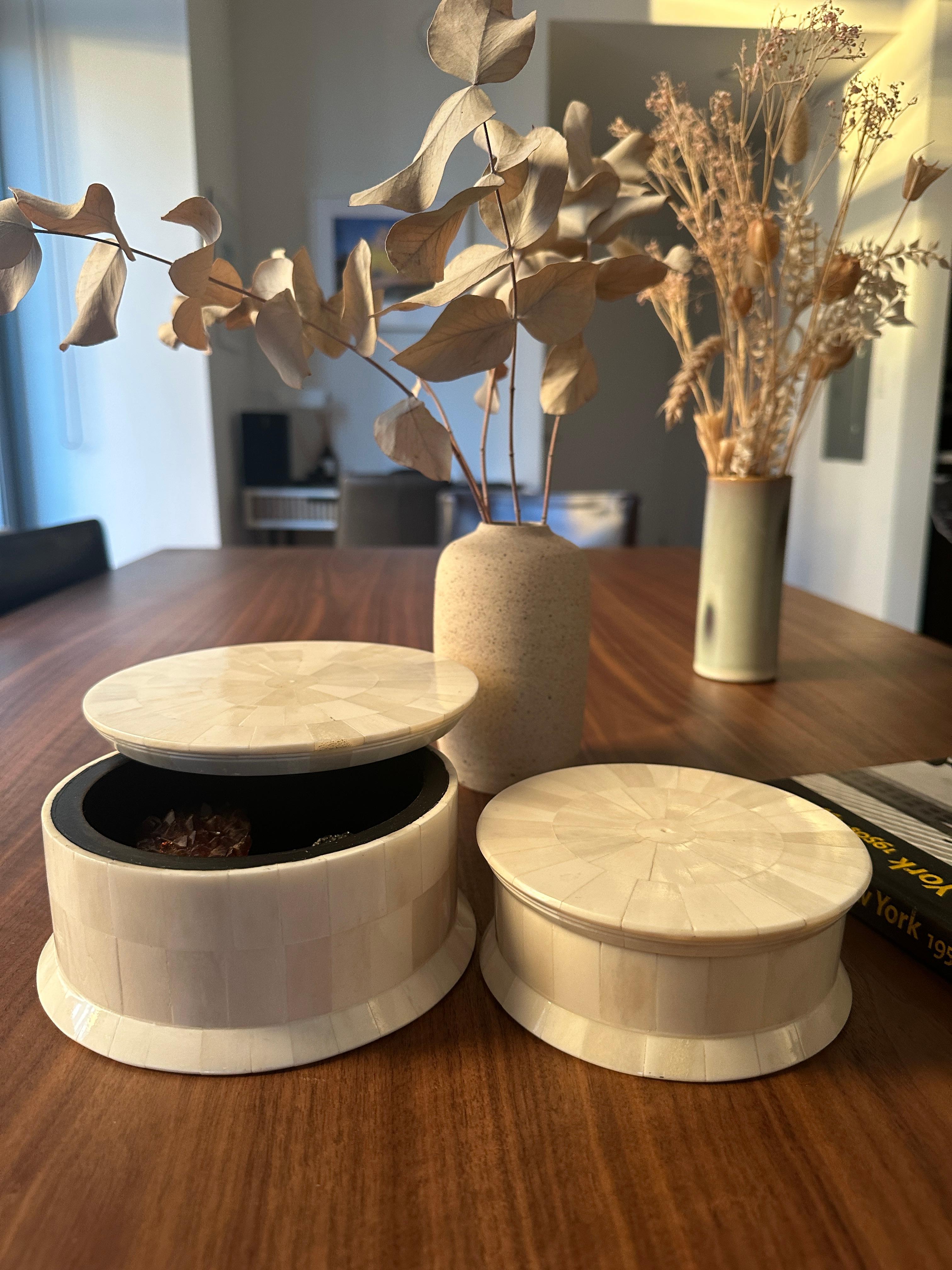 Handcrafted Bone Inlay Hat Box — Stackable Decorative Storage Box For Sale 2