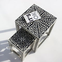 Handcrafted Bone Inlay Square Nesting Table Set with Gold Leg by House of Jaipur