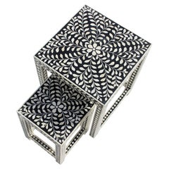 Handcrafted Bone Inlay Square Nesting Table Set with Gold Leg by House of Jaipur