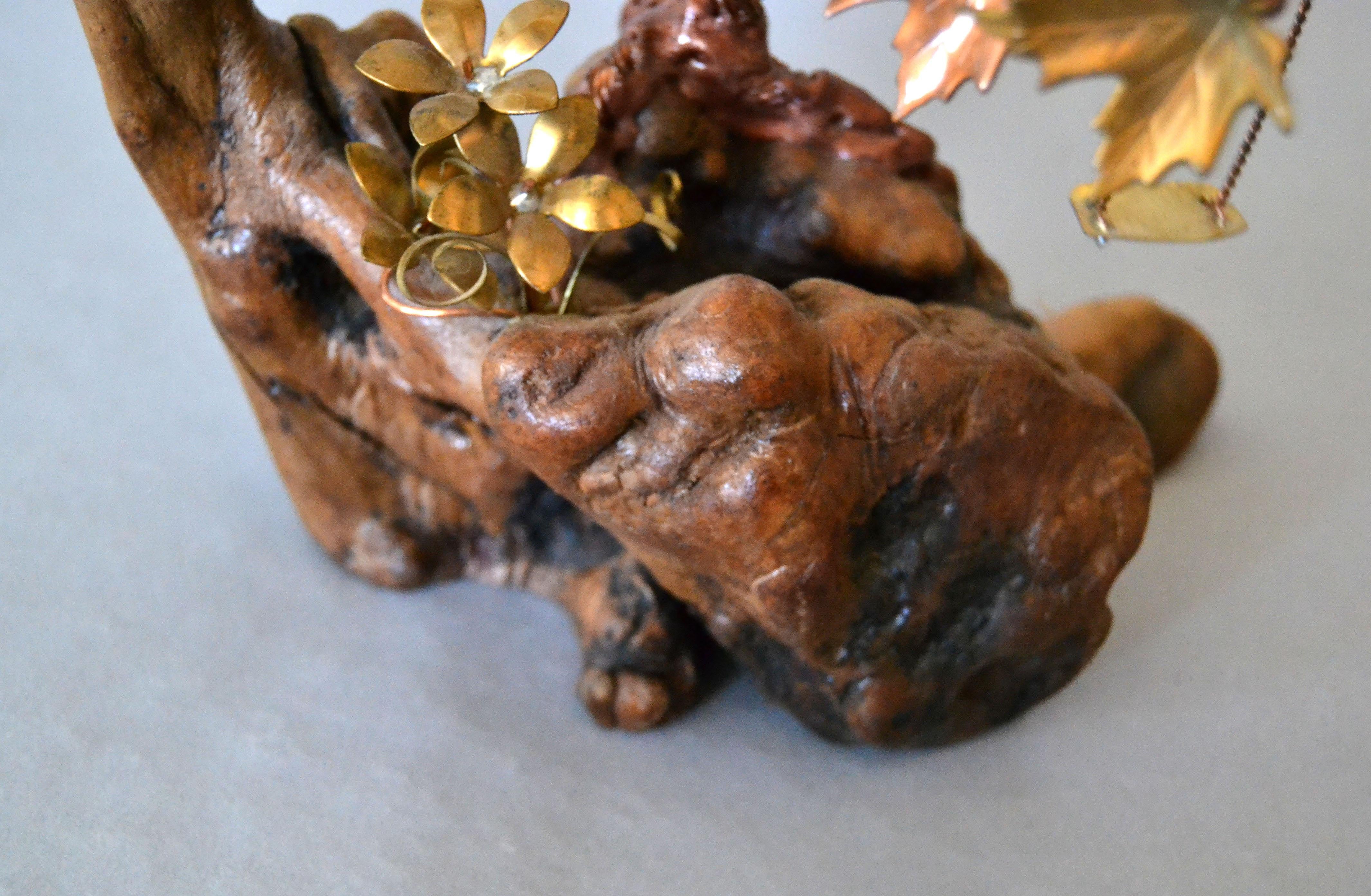Handcrafted Bonsai Tree Sculpture in Brass Copper Bronze on a Burl Wood Base For Sale 3