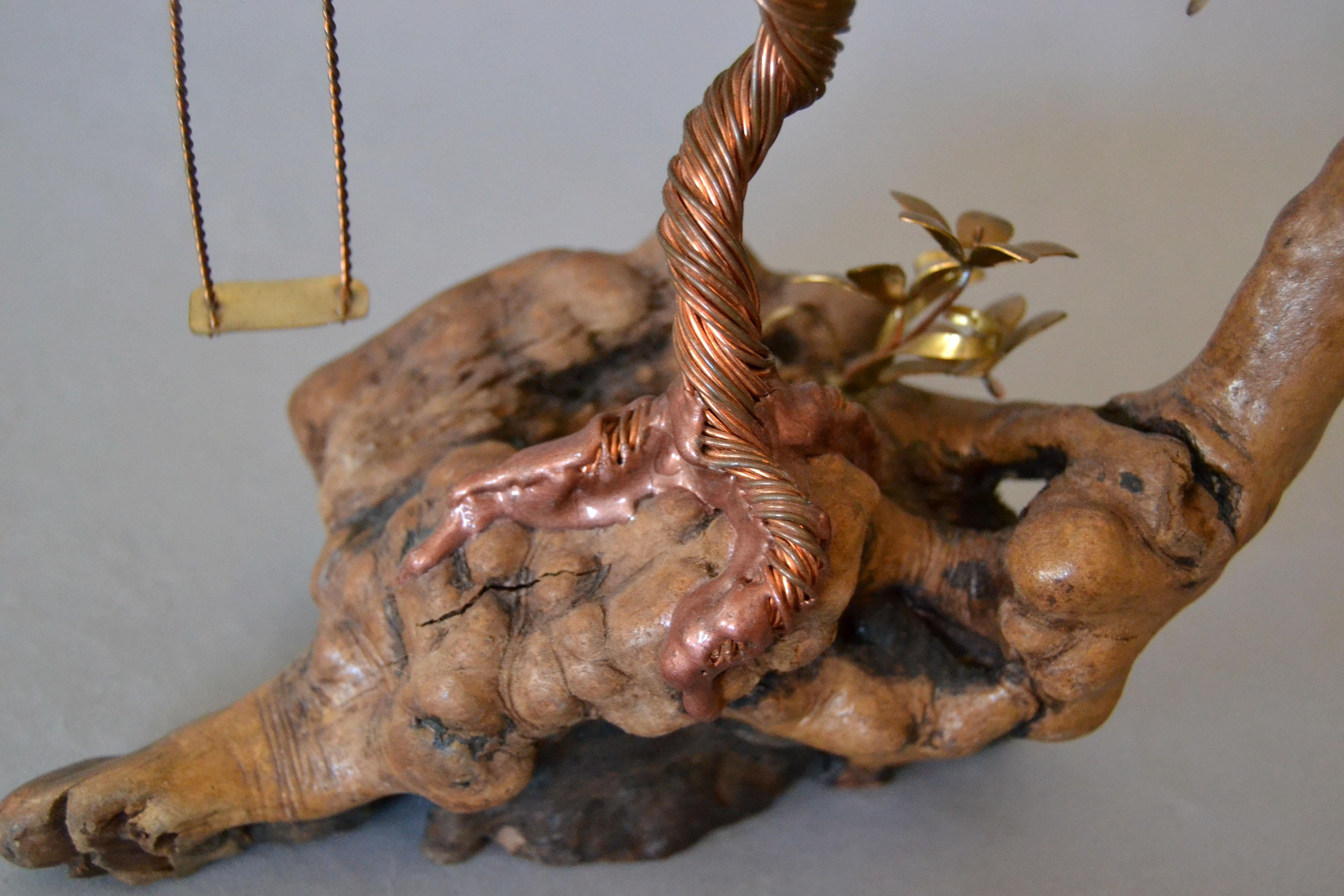 Handcrafted Bonsai Tree Sculpture in Brass Copper Bronze on a Burl Wood Base For Sale 4