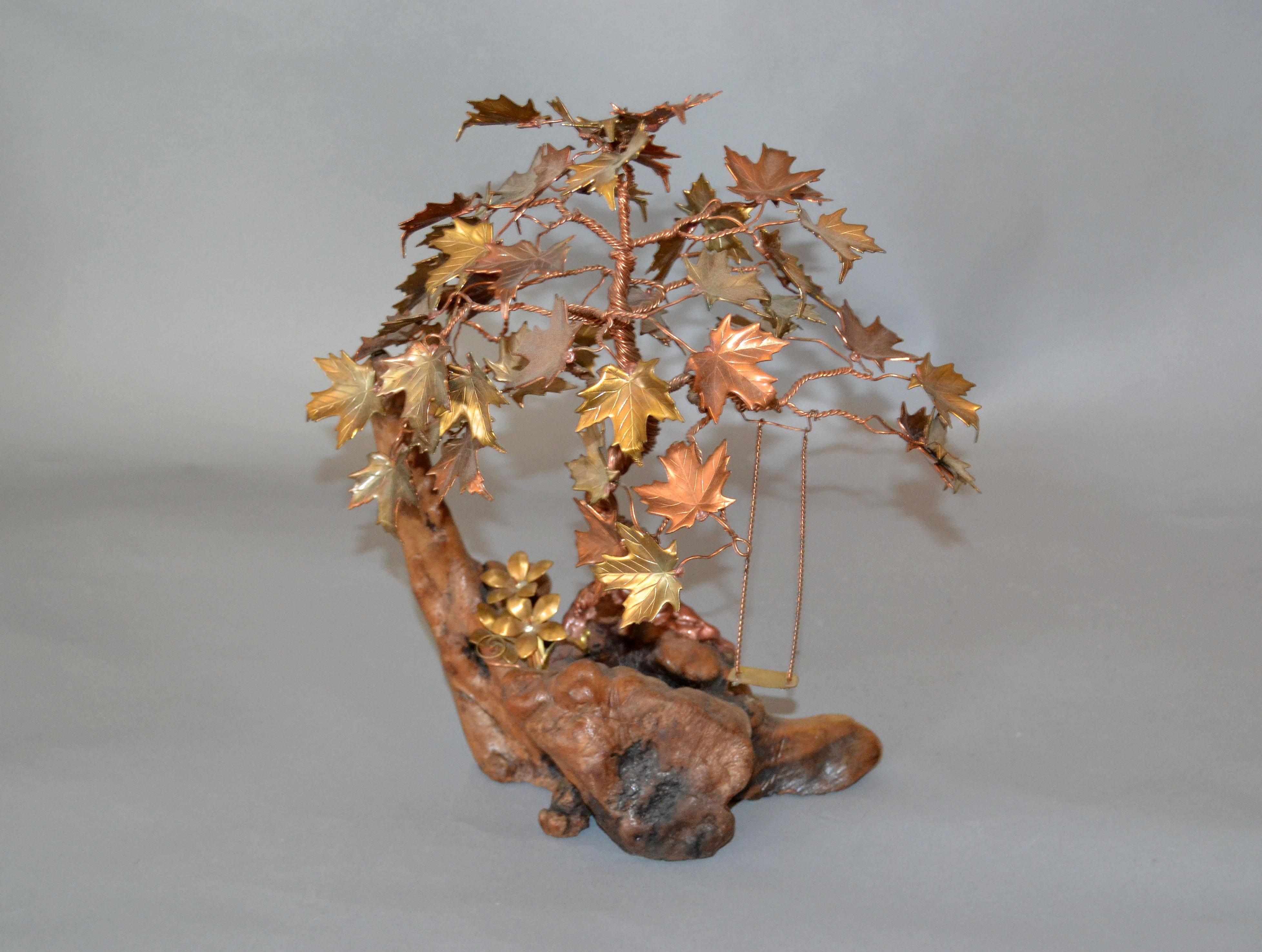 Handcrafted Bonsai Tree Sculpture in Brass Copper Bronze on a Burl Wood Base For Sale 5