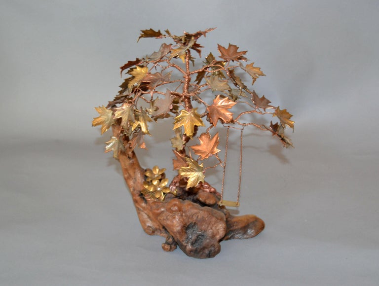 Handcrafted Bonsai Tree Sculpture in Brass, Copper, Bronze on a Burl Wood Base For Sale 7