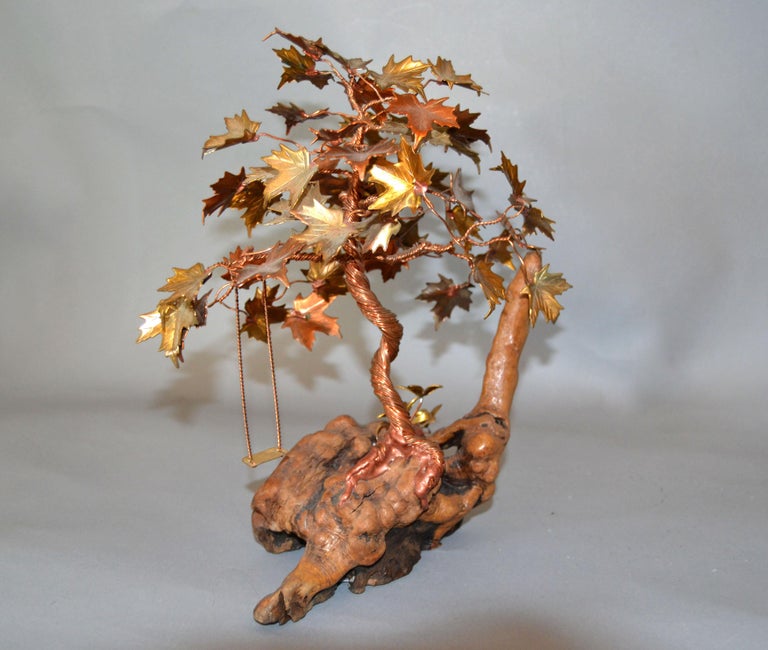 Organic Modern Handcrafted Bonsai Tree Sculpture in Brass, Copper, Bronze on a Burl Wood Base For Sale