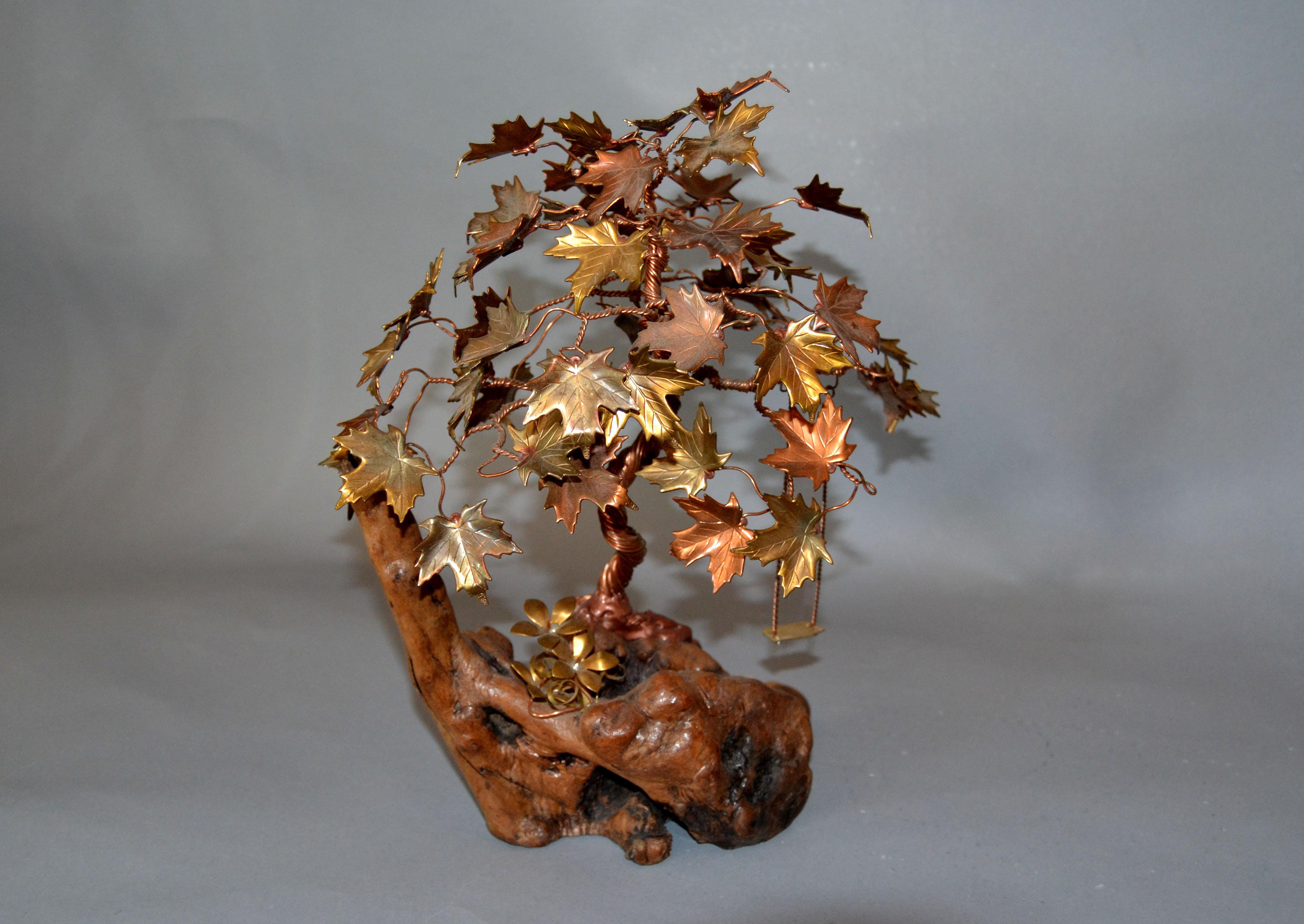 Organic Modern Handcrafted Bonsai Tree Sculpture in Brass Copper Bronze on a Burl Wood Base For Sale