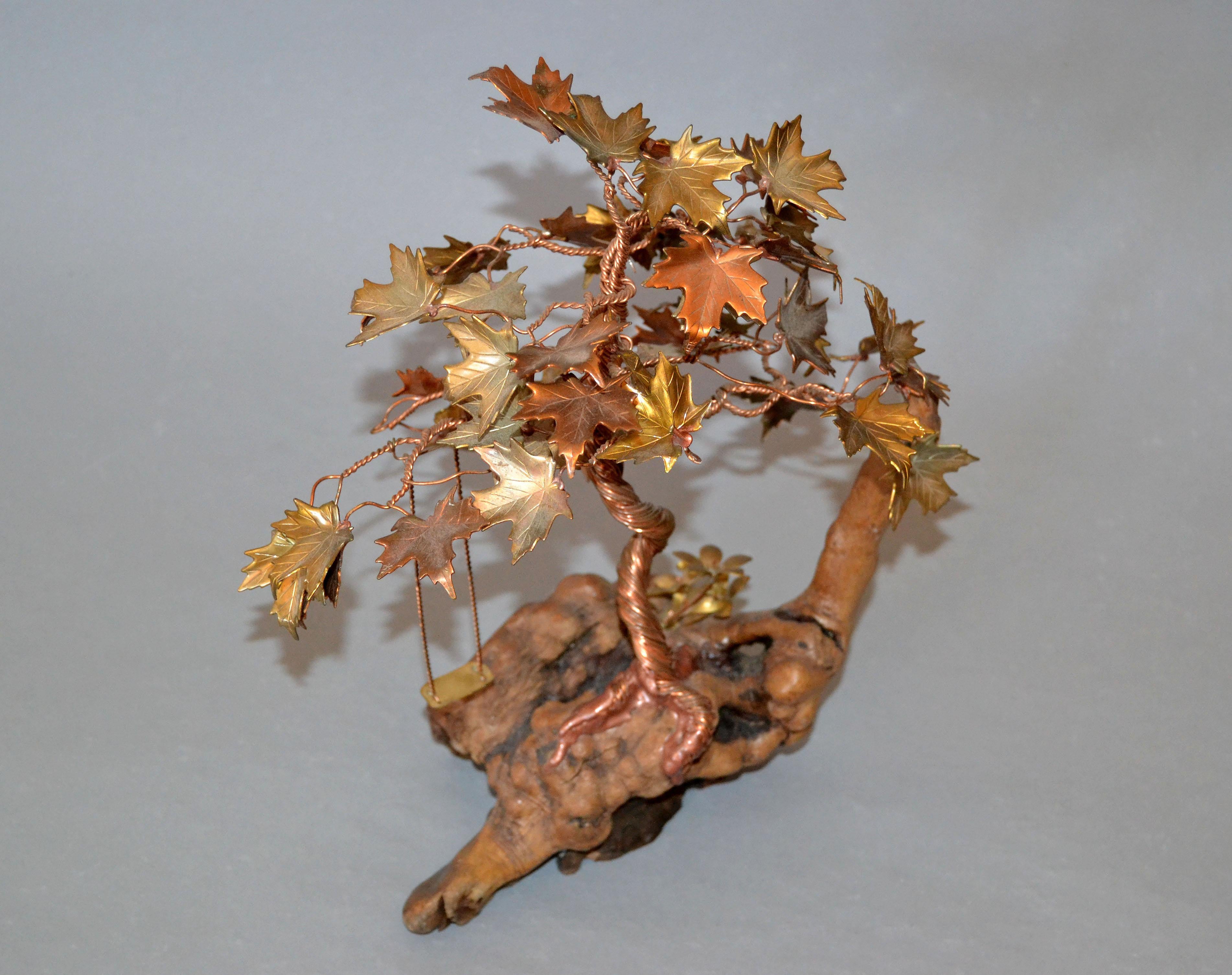 American Handcrafted Bonsai Tree Sculpture in Brass Copper Bronze on a Burl Wood Base For Sale
