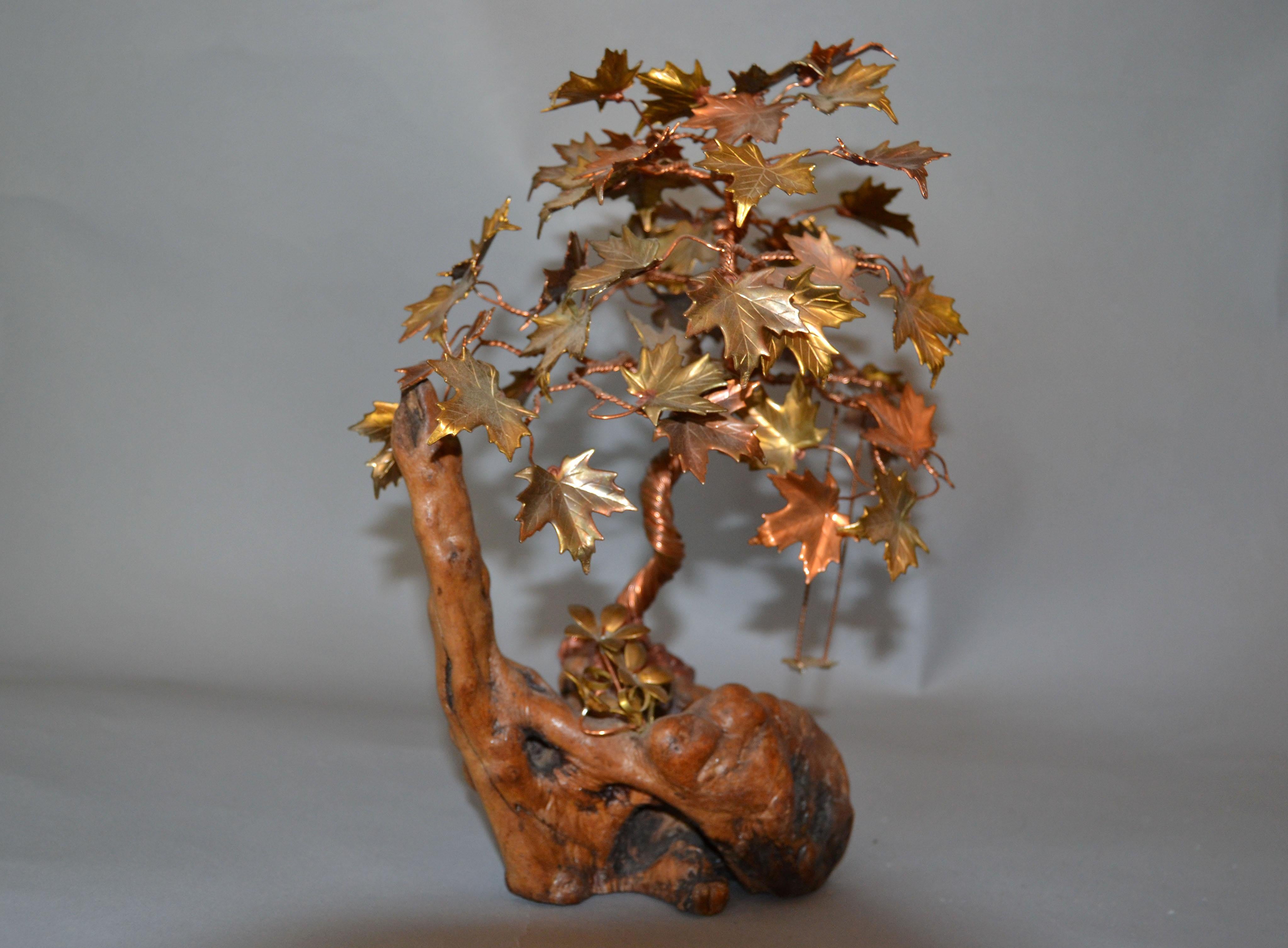 Hand-Crafted Handcrafted Bonsai Tree Sculpture in Brass Copper Bronze on a Burl Wood Base For Sale