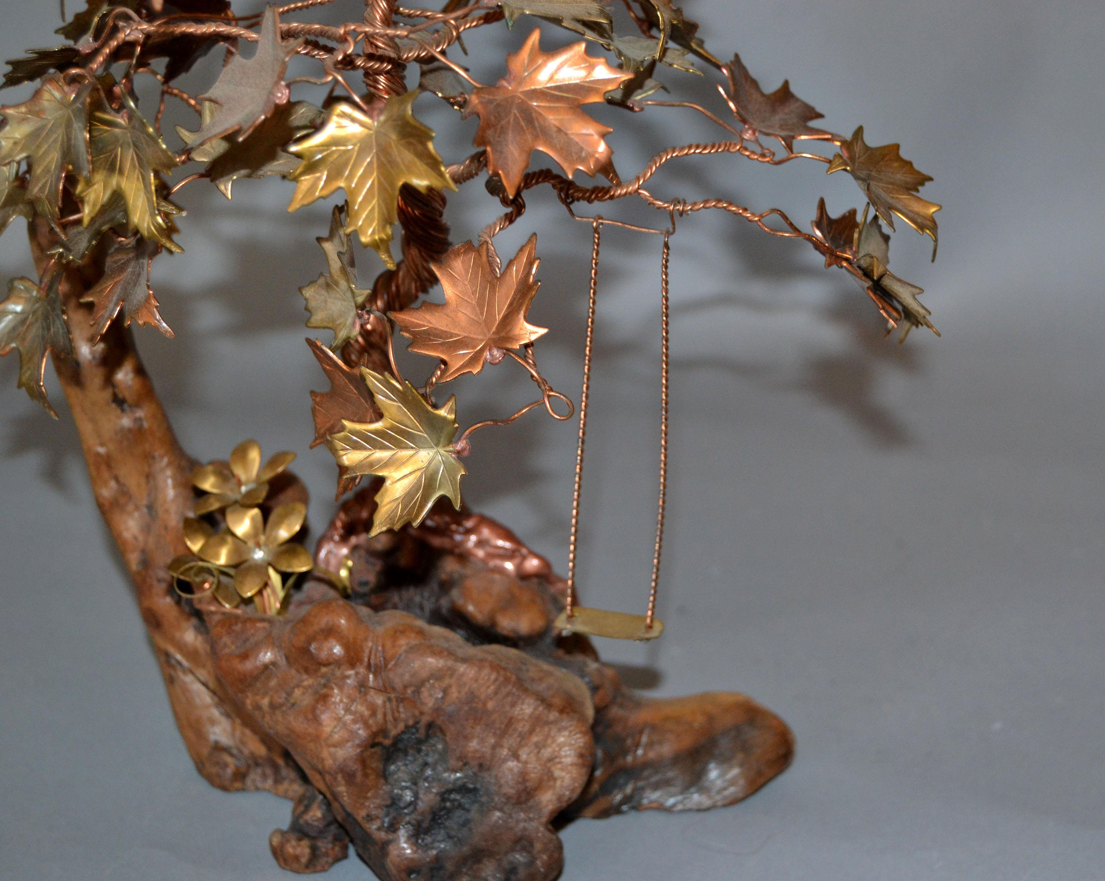 20th Century Handcrafted Bonsai Tree Sculpture in Brass Copper Bronze on a Burl Wood Base For Sale