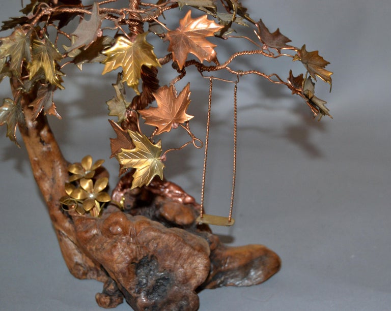 Handcrafted Bonsai Tree Sculpture in Brass, Copper, Bronze on a Burl Wood Base For Sale 2