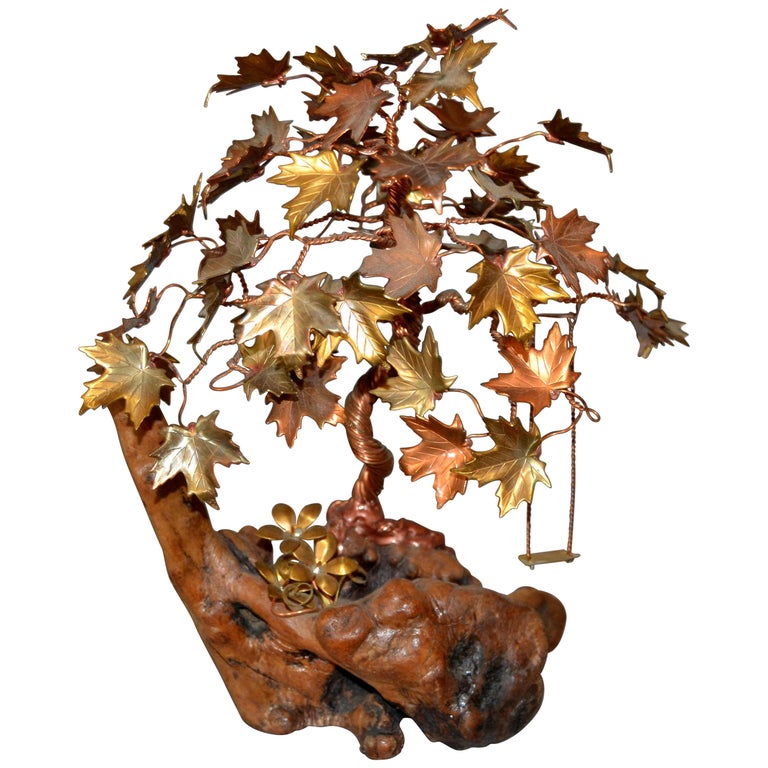 Handcrafted Bonsai Tree Sculpture in Brass, Copper, Bronze on a Burl Wood Base For Sale