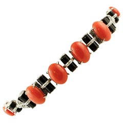 Handcrafted Bracelet, Coral, Onyx, Diamonds, 14 Karat White Gold Vintage