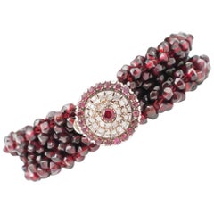 Vintage Handcrafted Bracelet, Diamonds, Garnets, 9 Karat Rose Gold and Silver