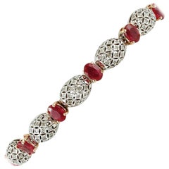 Handcrafted Bracelet, Rubies, Diamonds, 14 Karat White and Yellow Gold Bracelet