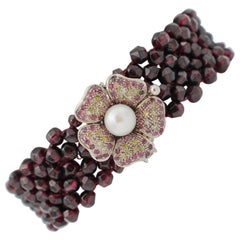 Handcrafted Bracelet, Rubies, Garnets, Stones, 9 Karat Rose Gold and Silver