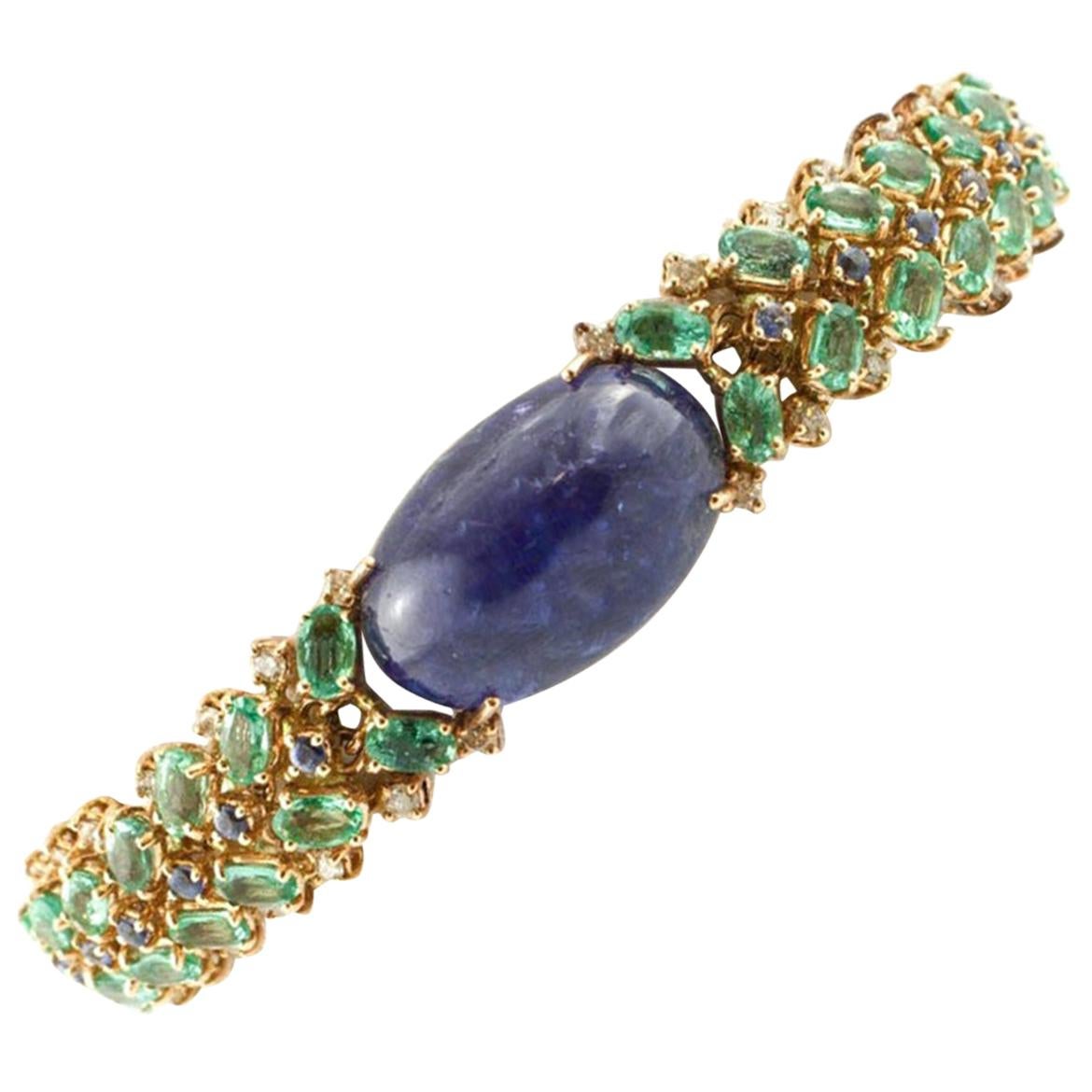 Bracelet artisanal en or 14 carats, tanzanite, diamants, saphirs, émeraudes