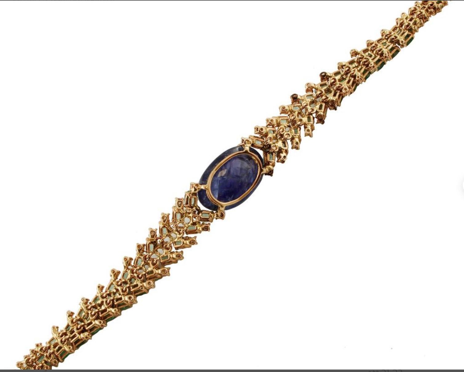 Retro Handcrafted Bracelet, Tanzanite, Diamonds, Sapphires, Emeralds, 14 Karat Gold For Sale