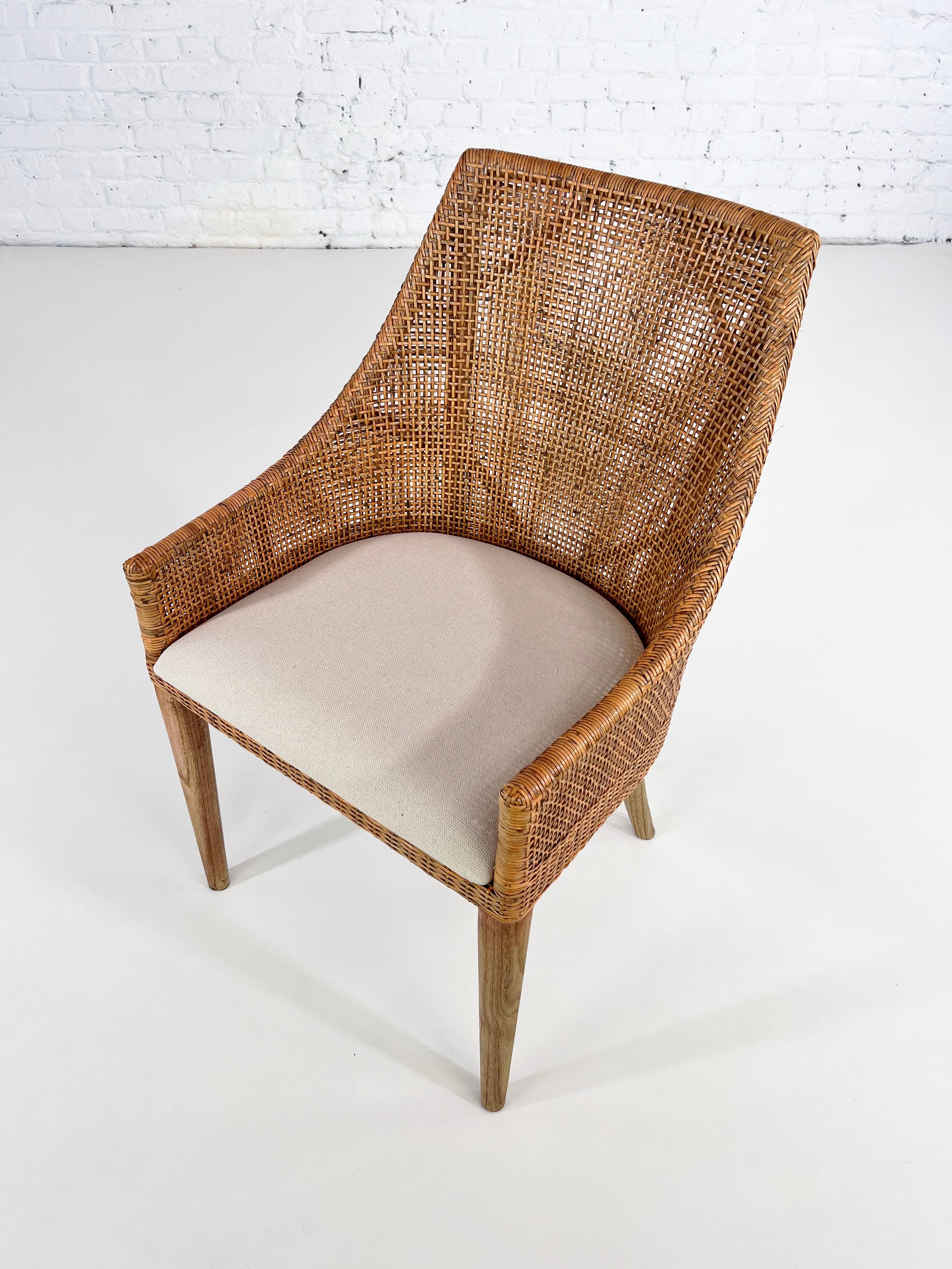 Contemporary Handcrafted Braided Rattan and Teak Wooden Base French Design Armchair For Sale