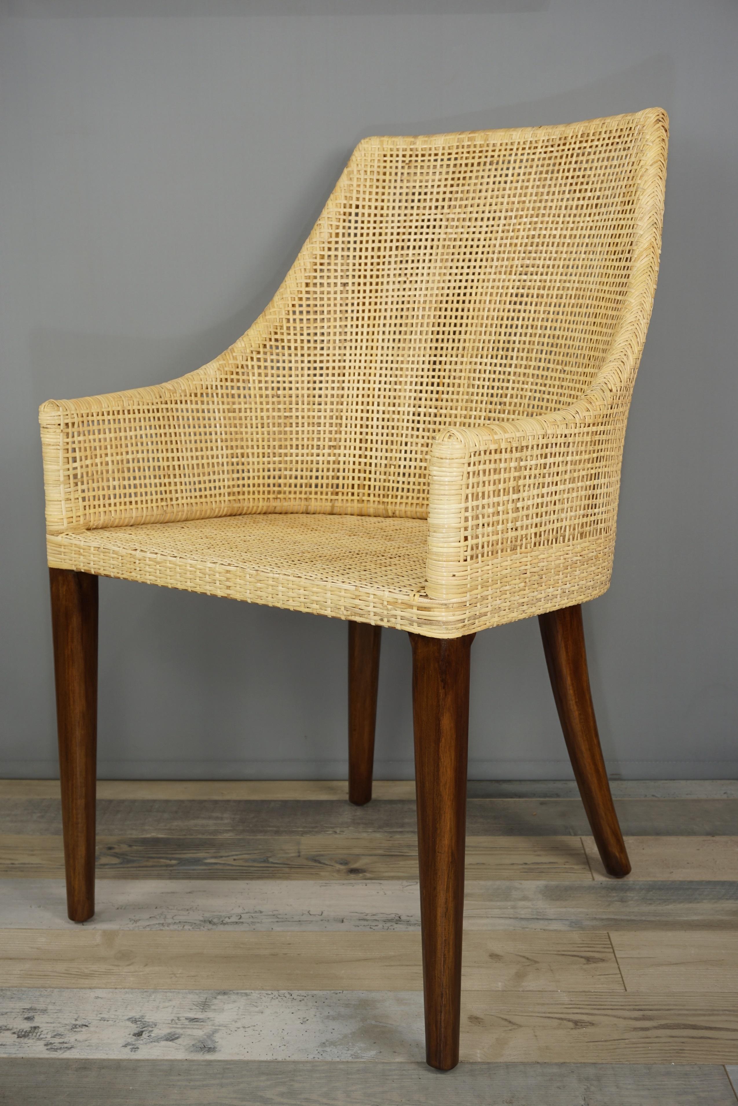 Mid-Century Modern Handcrafted Braided Rattan and Wooden Base French Design Armchair