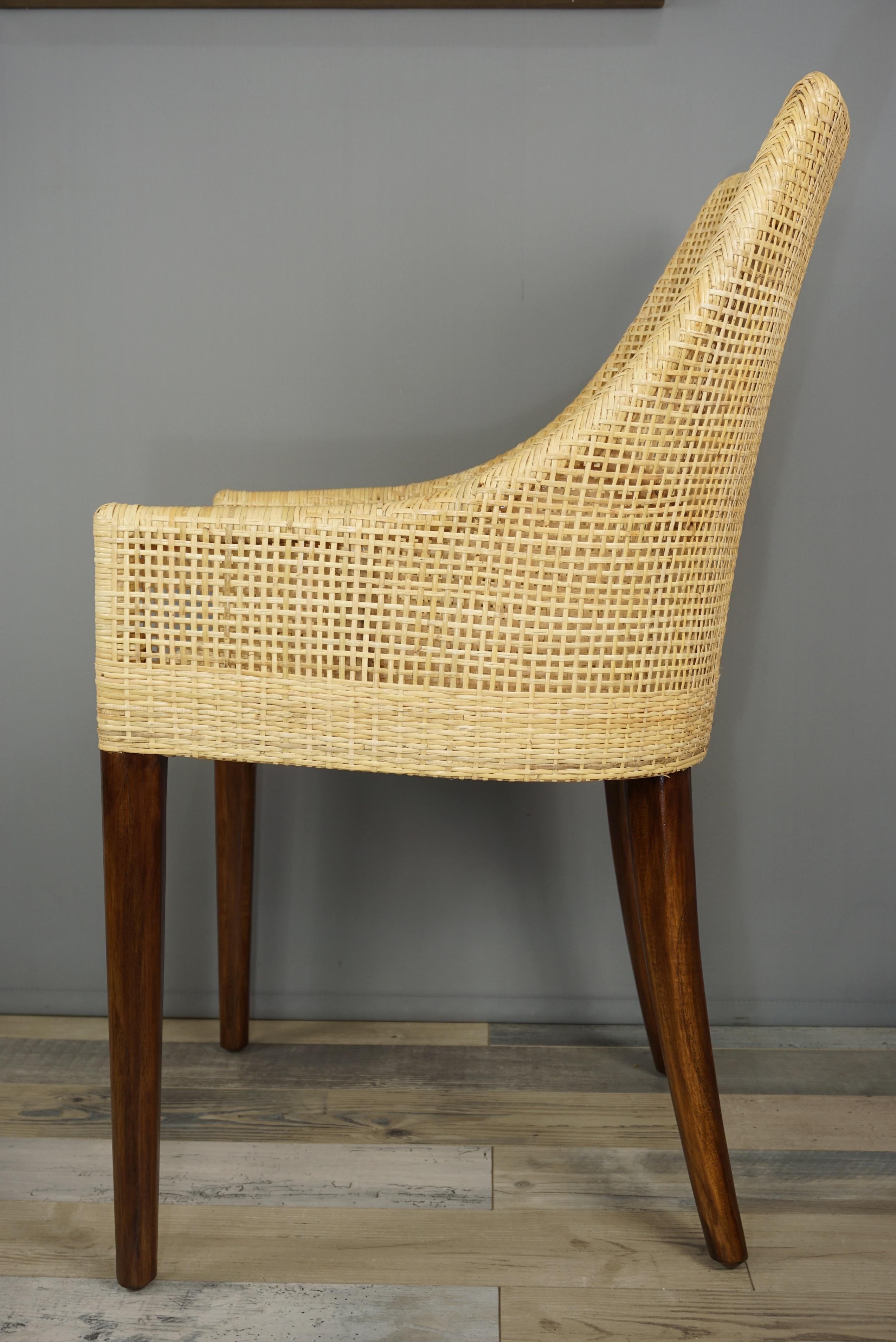 Contemporary Handcrafted Braided Rattan and Wooden Base French Design Armchair