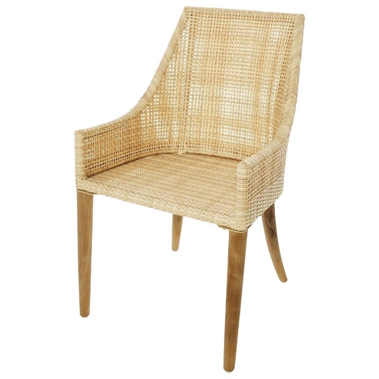 Handcrafted Braided Rattan Resin and Teak Wooden French Design Outdoor Armchair For Sale