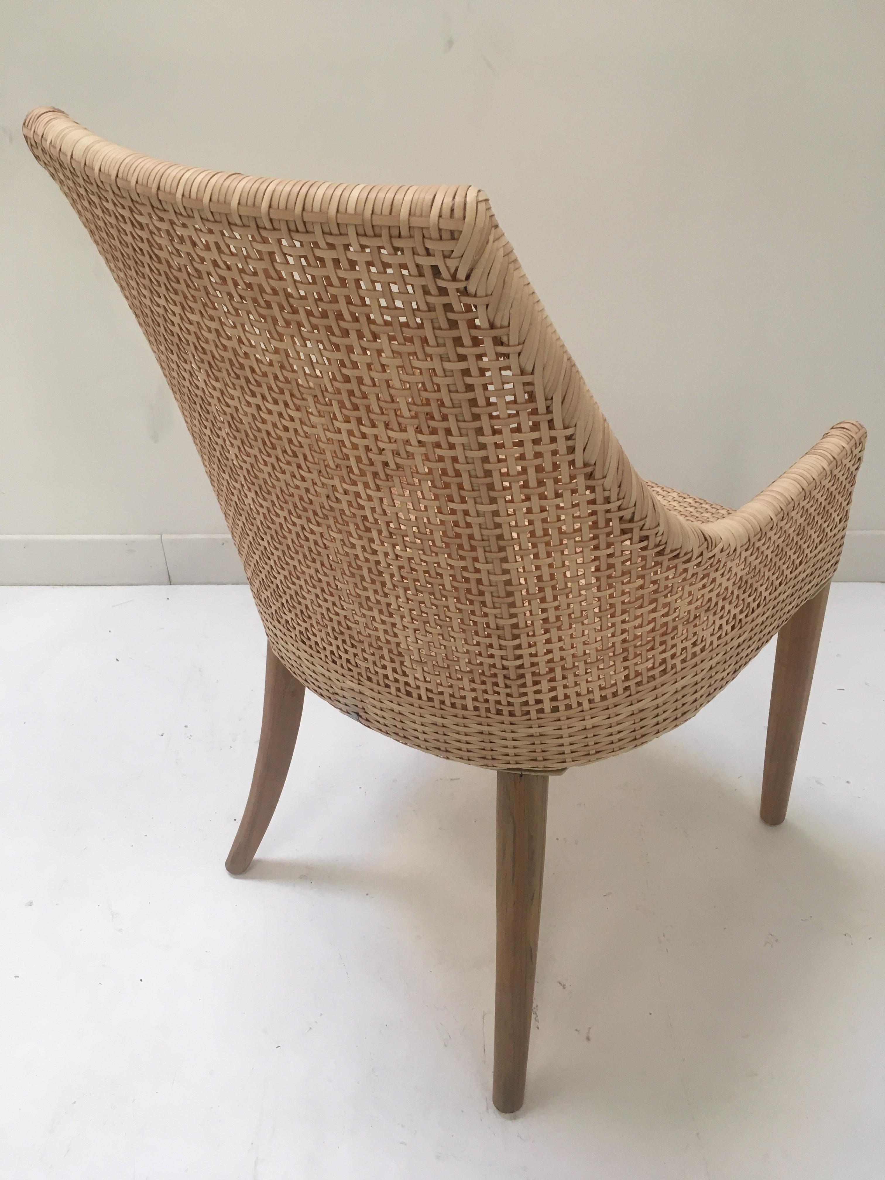 Mid-Century Modern Handcrafted Braided Resin Rattan Effect and Teak Wooden Outdoor Chair For Sale