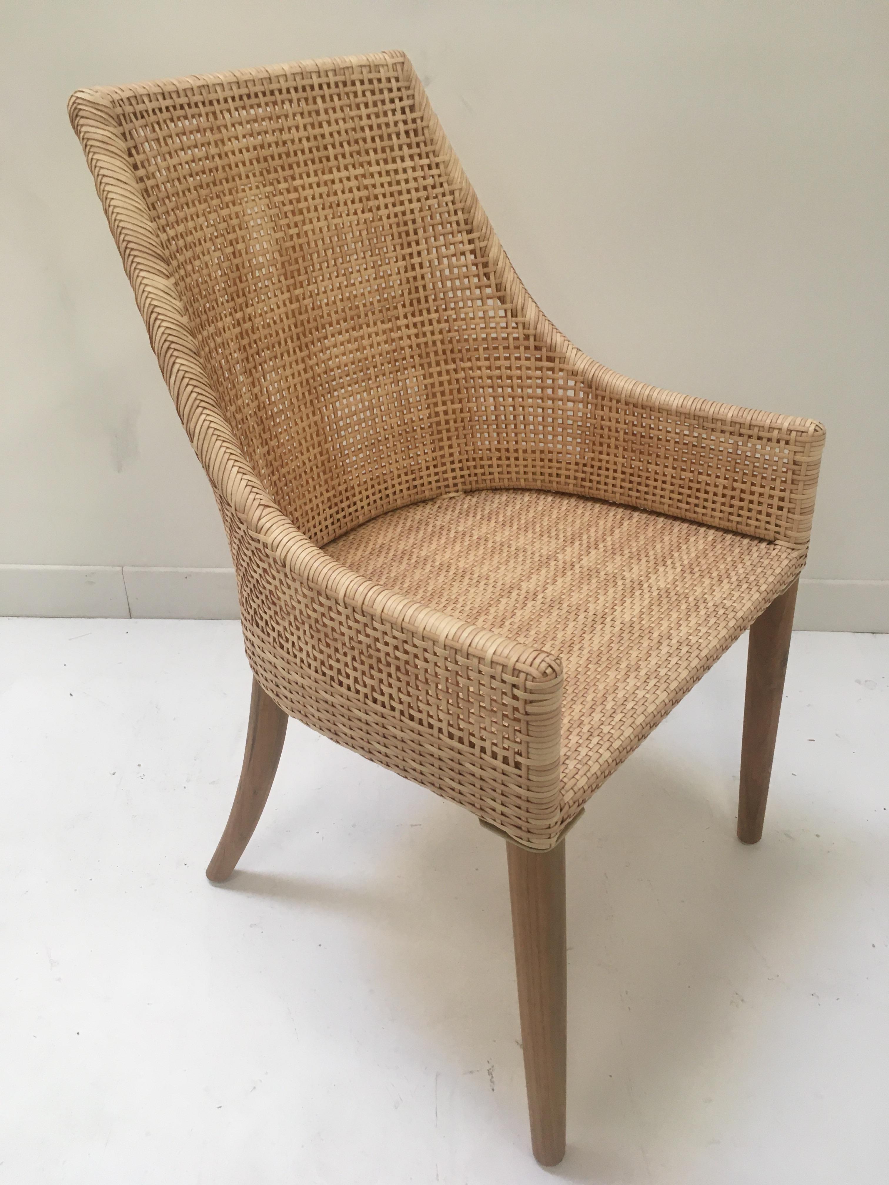 Contemporary Handcrafted Braided Resin Rattan Effect and Teak Wooden Outdoor Chair For Sale