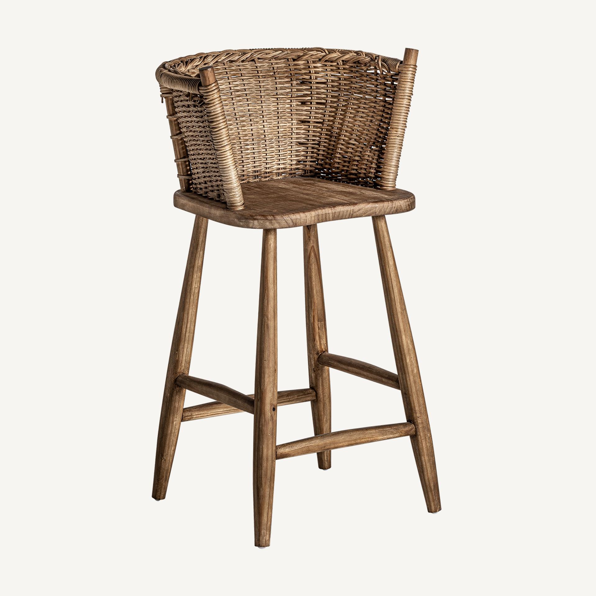 Scandinavian Modern Handcrafted Braided Wicker and Wooden Bar Stool For Sale